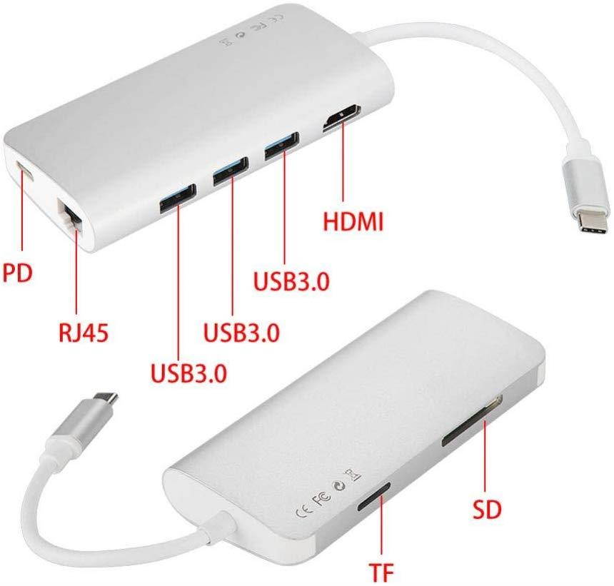 Zerone USB C to HDMI Adapter 3 in 1 USB C Adapter Multiport USB-C Hub, ype-c to Hub (3 x USB3.0)+ HDMI 4K + RJ45 Gigabit LAN + PD Charging + SD/TF Card Reader Silver