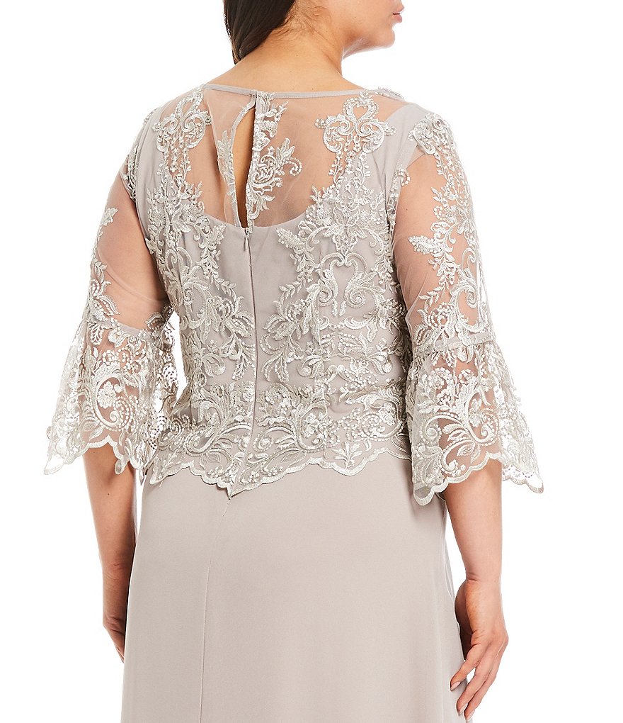 Le Bos Plus Size Pearl Round Neck Trim Detail 3/4 Bell Sleeve Lace Popover Cascade A-Line Gown