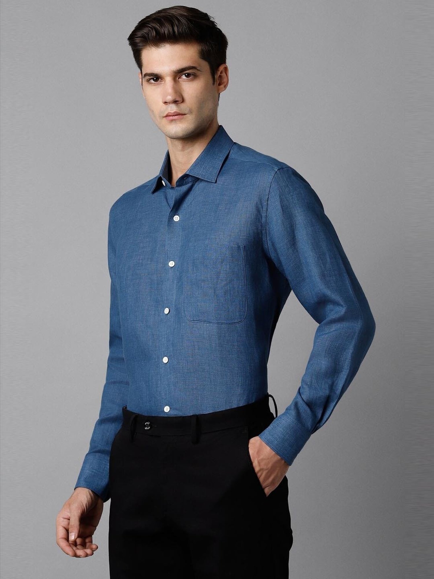 Luxure By Louis Philippe Blue Linen Regular Fit Self Pattern Shirt