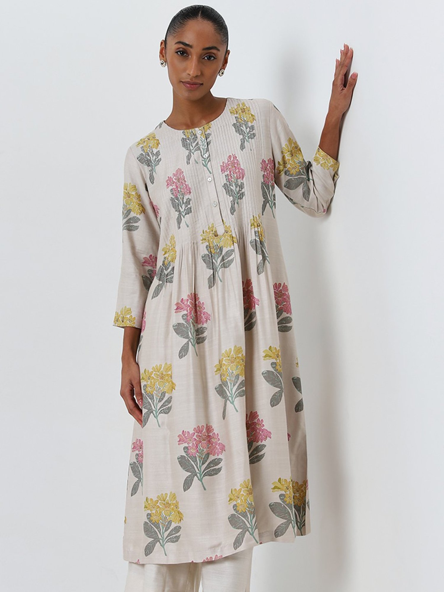 Zuba by Westside Beige Floral Printed A-Line Kurta