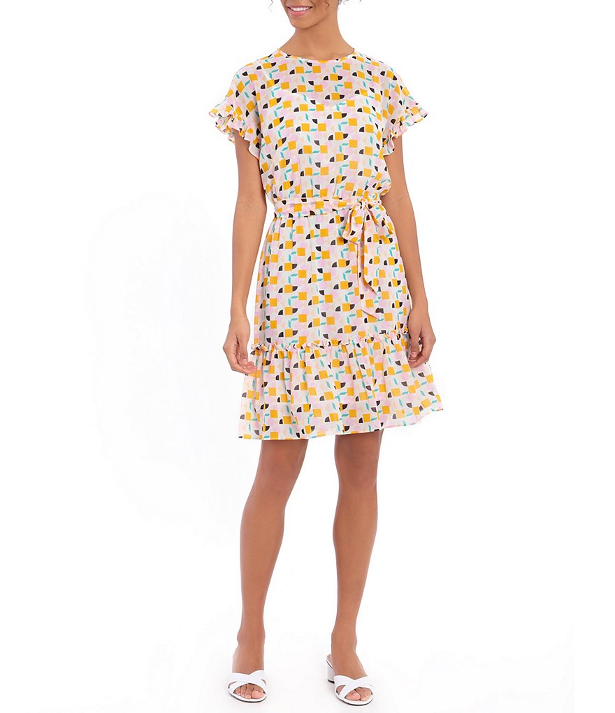 London Times Geo Print Chiffon Ruffle Dress