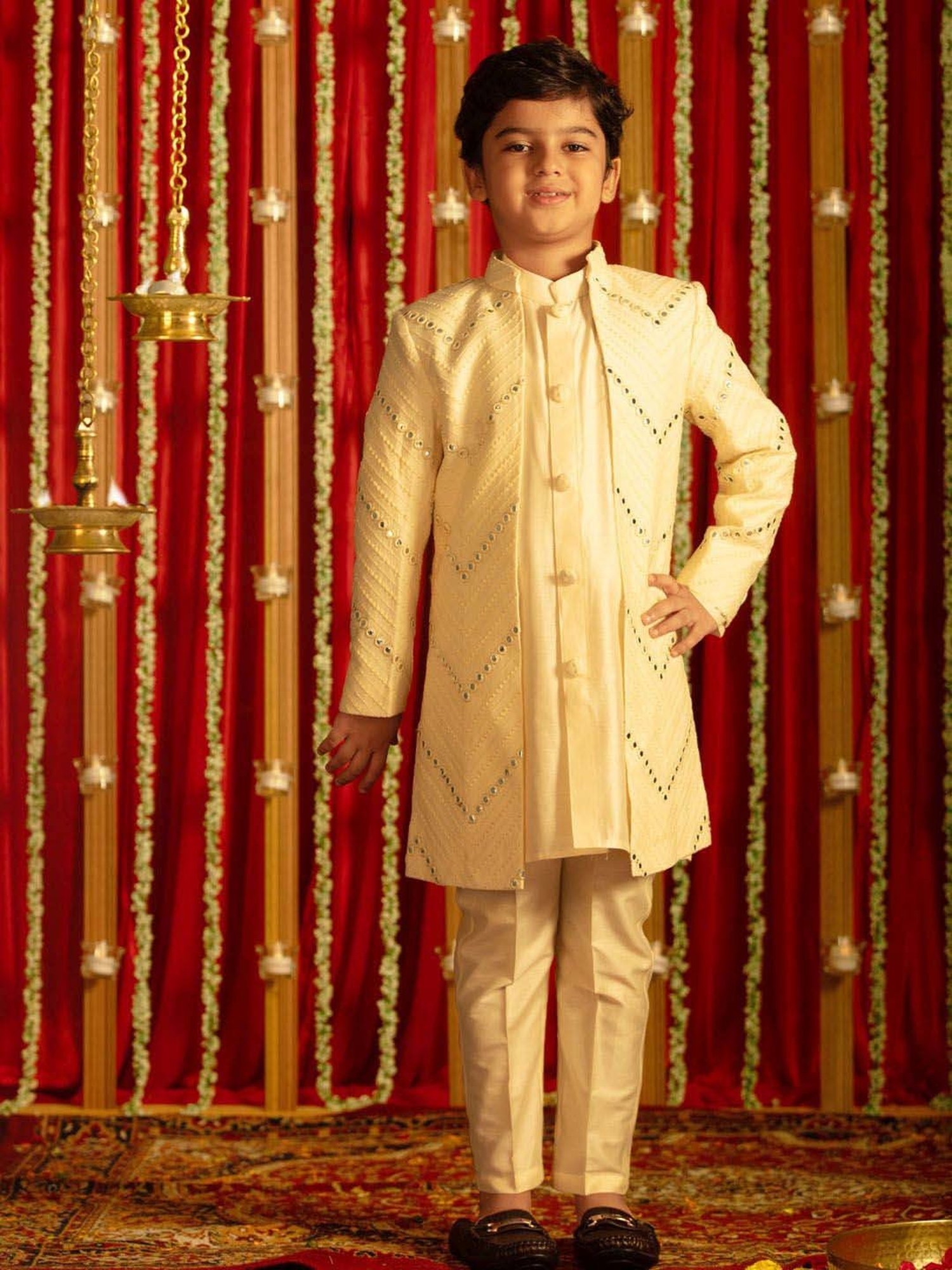 AJ Dezines Kids Black Embellished Full Sleeves Sherwani with Pants