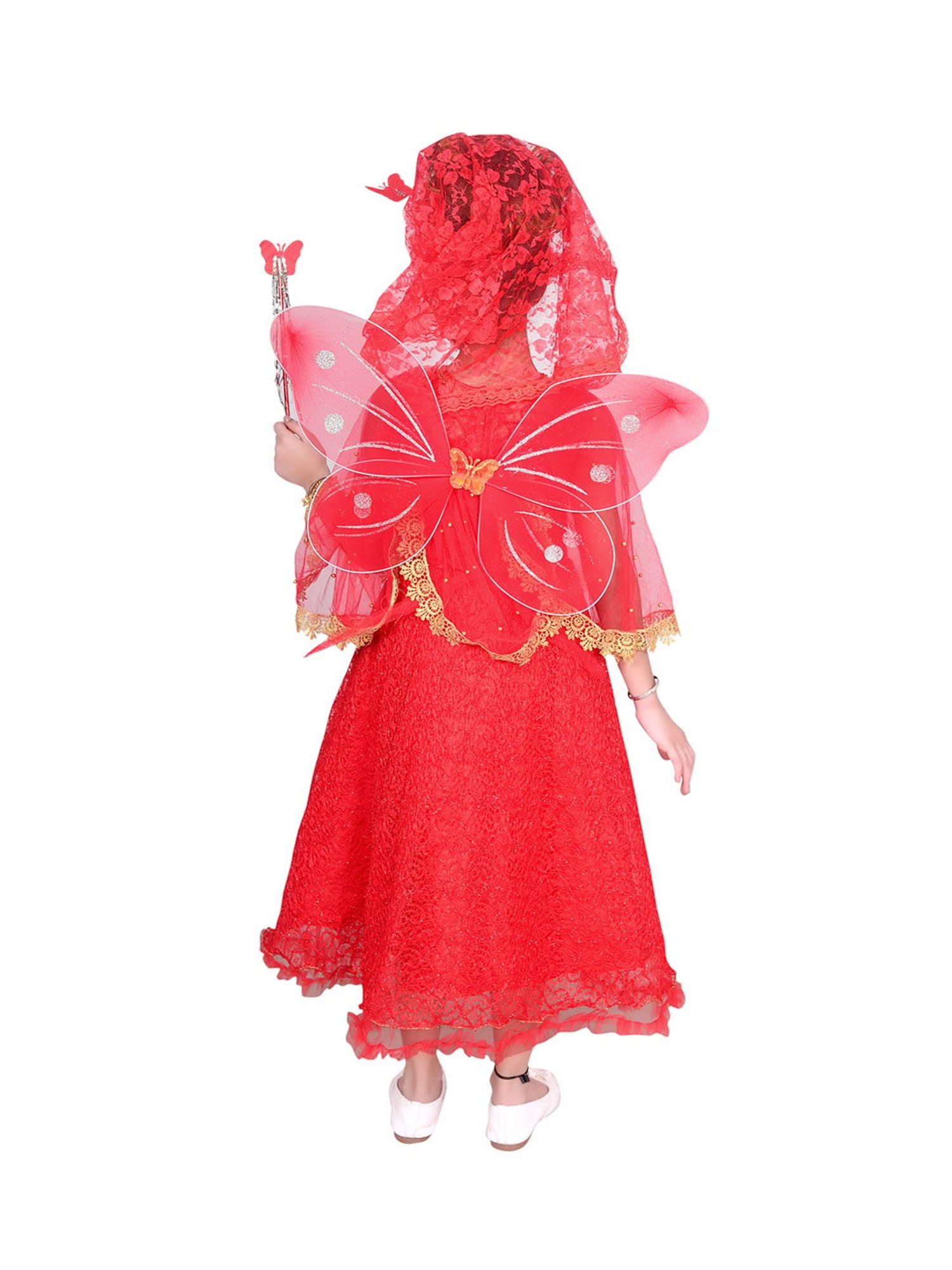 Ahhaaaa Kids Red Embellished Dress, Wings, Hair Band with Fairy Stick