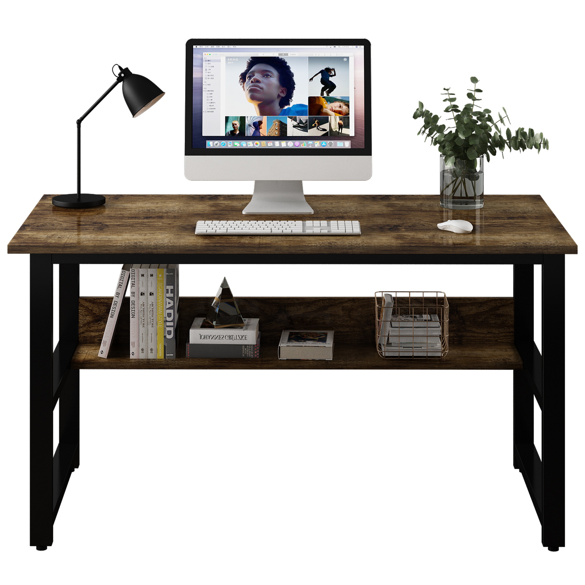 Gaming Desk Multi- Purpose in One Design Computer Desk Home Office Writing Desk with Black Metal Frame and Charcoal Wood Color