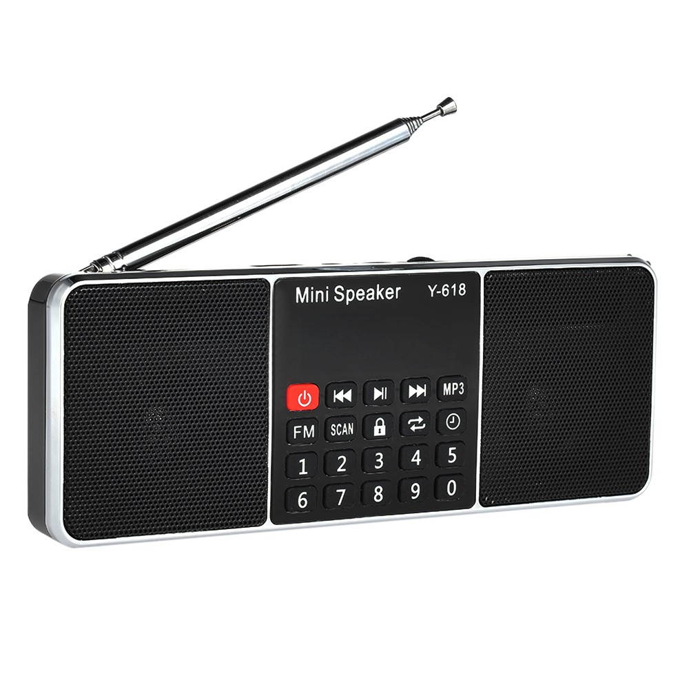 Y-618 Mini FM Radio Digital Portable Dual 3W Stereo Speaker MP3 Audio Player High Fidelity Sound Quality w/ 2 Inch Display Screen Support USB Drive TF Card AUX-IN Earphone-out