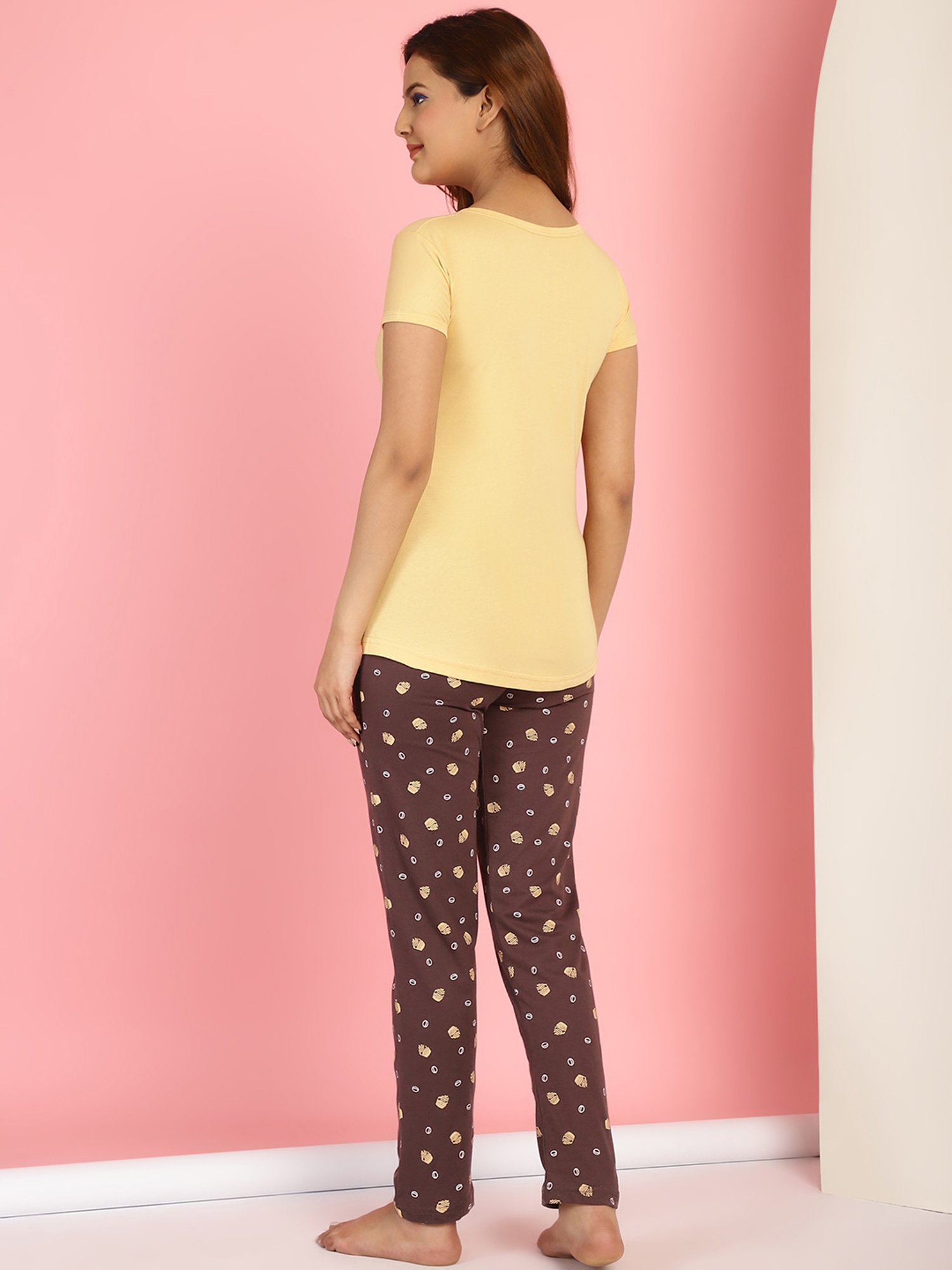 Gracit Yellow & Brown Cotton Printed Top With Pyjamas
