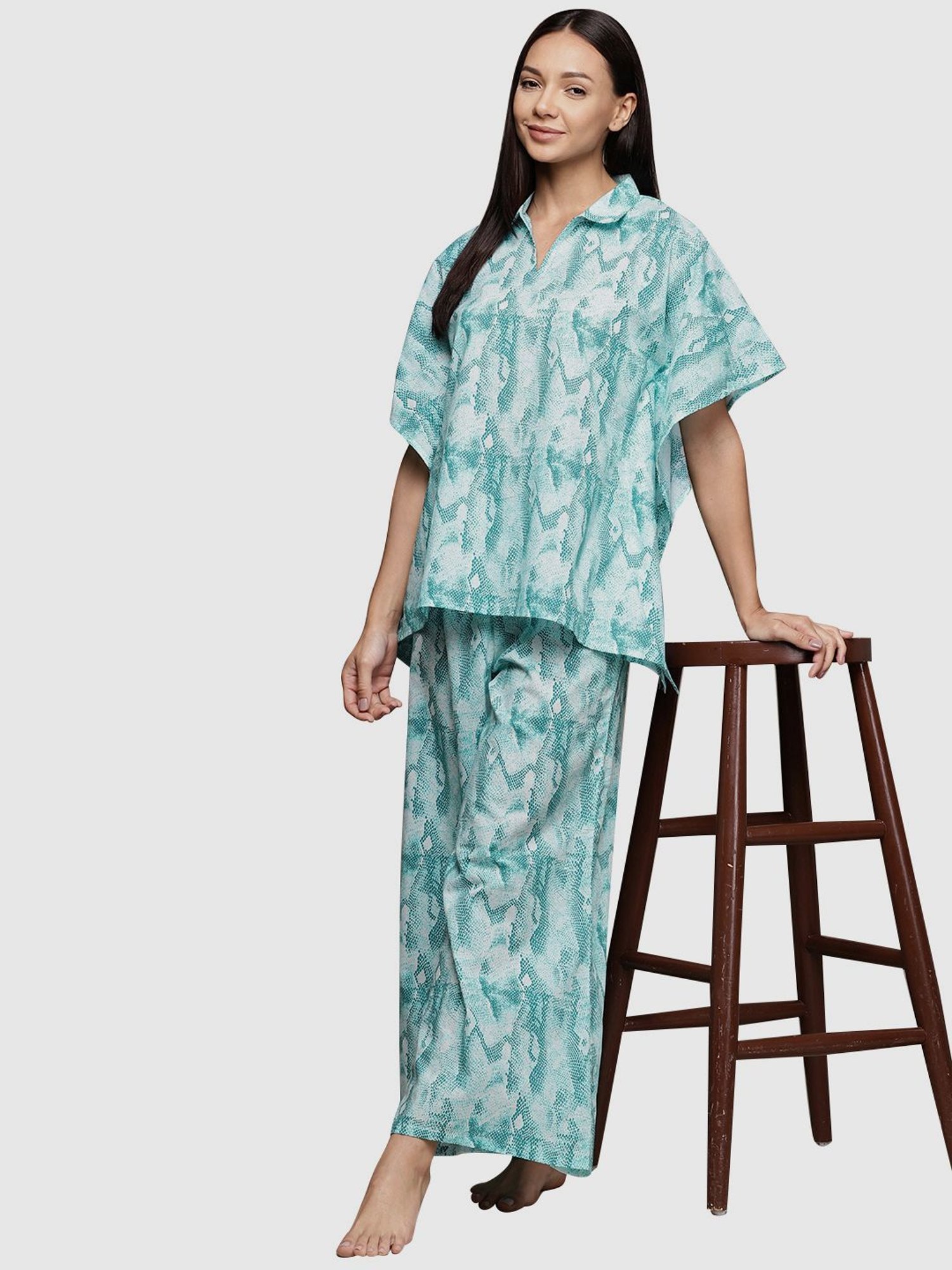 Ziyaa Blue Cotton Printed Kaftan Pyjama Set