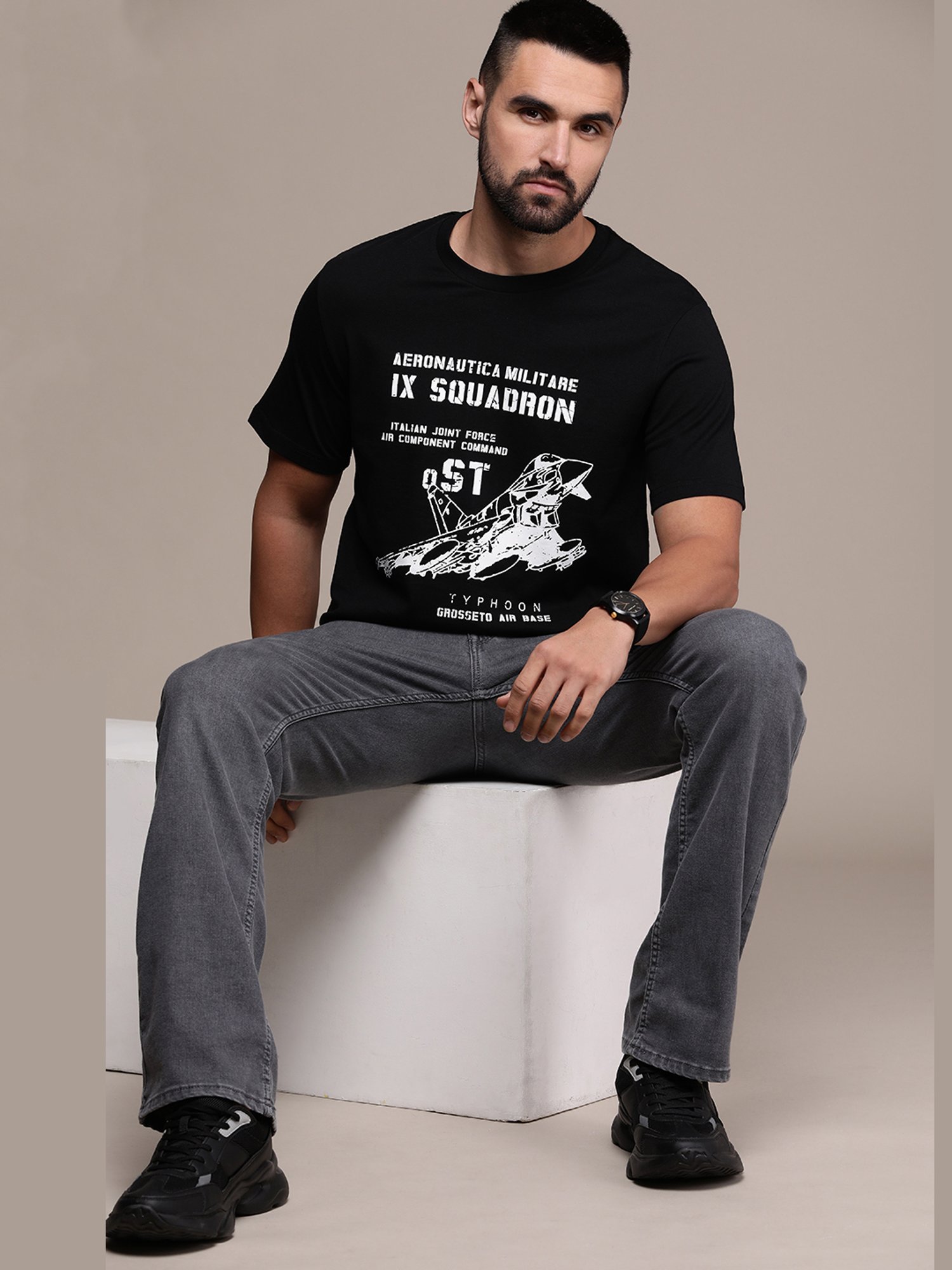 Burnt Umber Black Regular Fit Graphic Print Crew T-Shirt