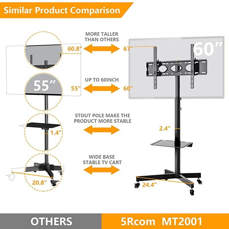 Mobile TV Cart Rolling TV Floor Stand with Locking Wheels and Tilt Mount for Most 2760 Inch Plasma LCD LED Flat Screen or Curved TVs Monitors Display Trolley Stand with Laptop ShelfTray