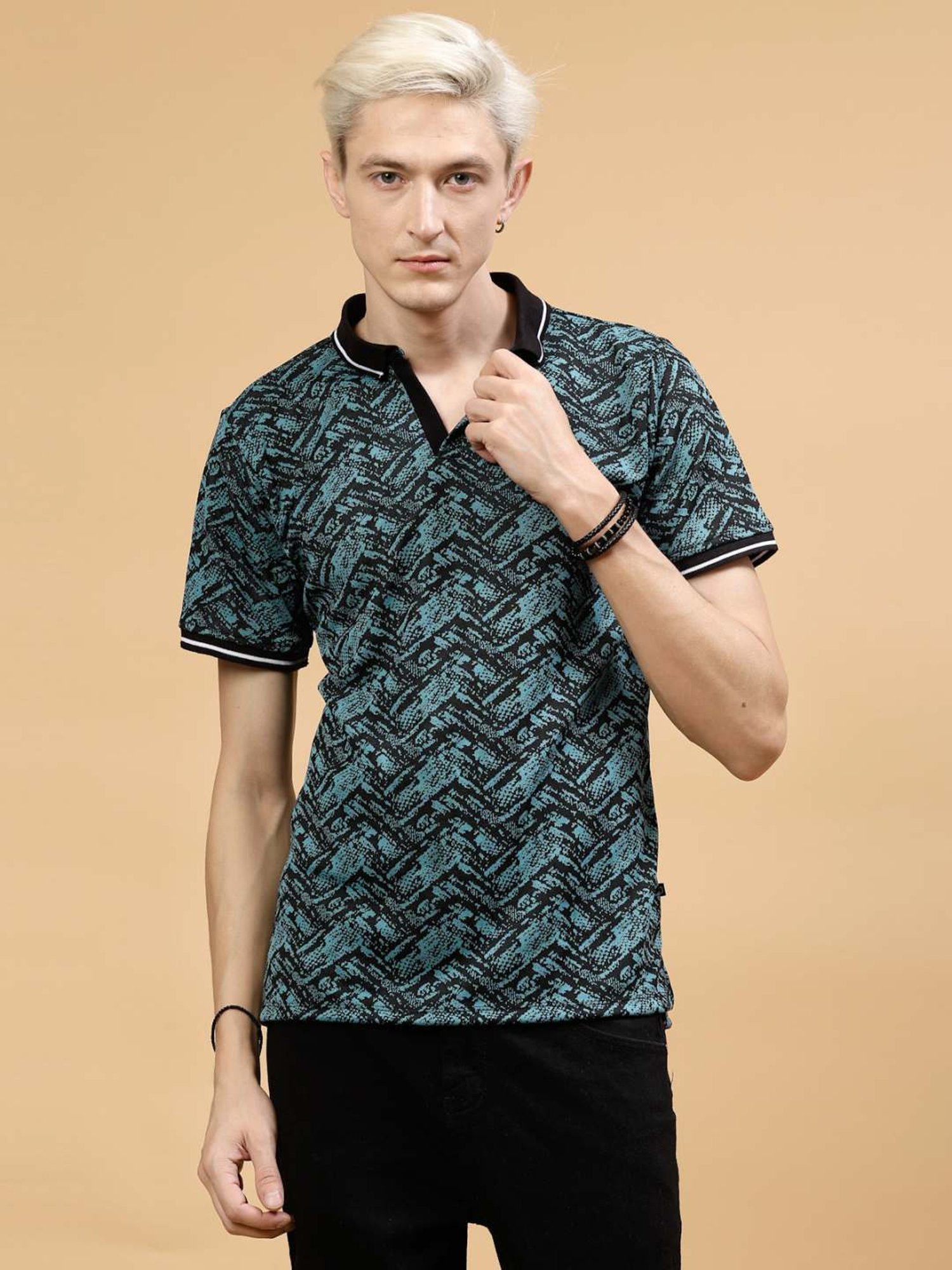 Rigo Teal Slim Fit Printed Polo T-Shirt