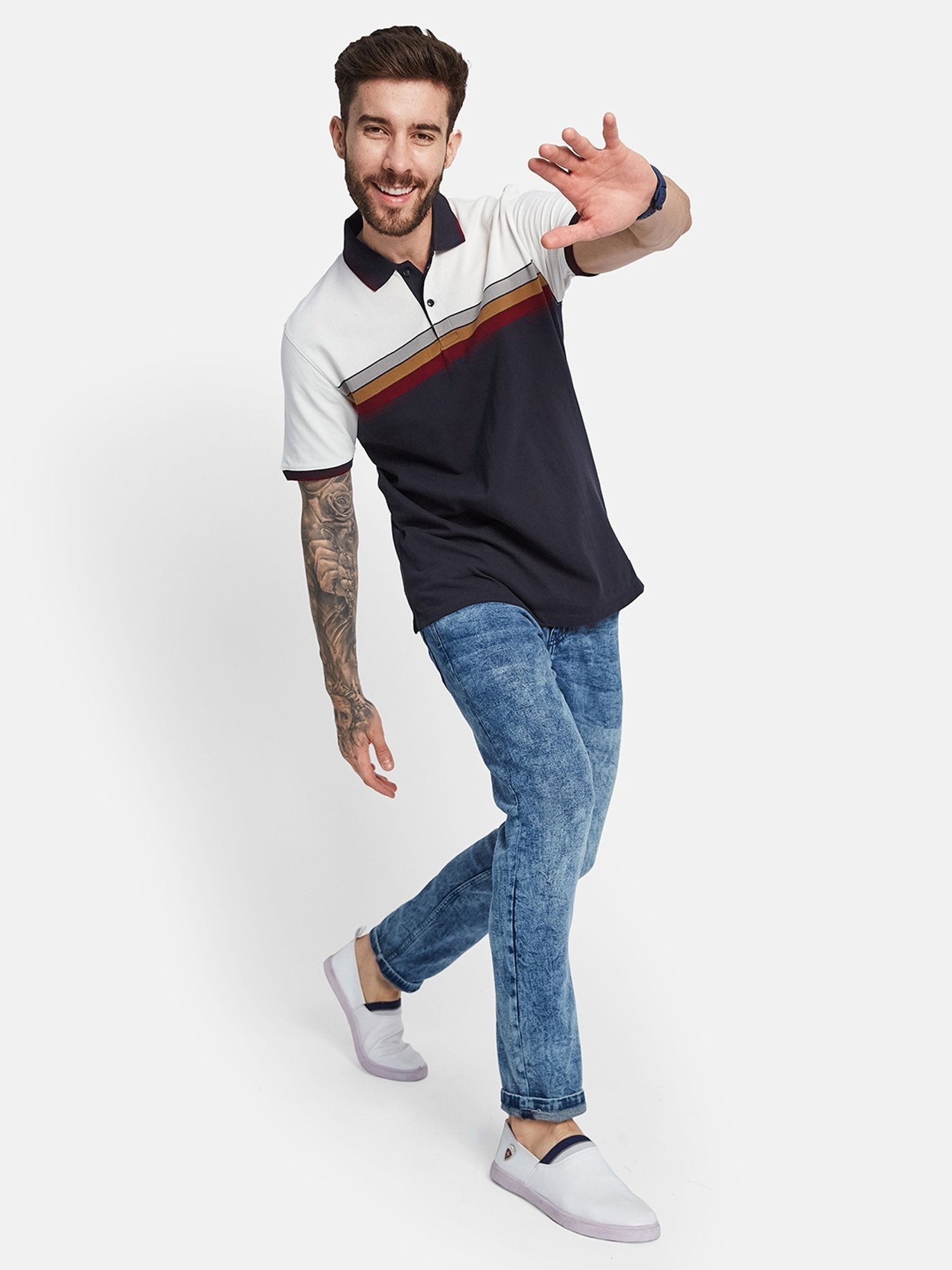 Octave Light Navy Cotton Regular Fit Colour Block Polo T-Shirt