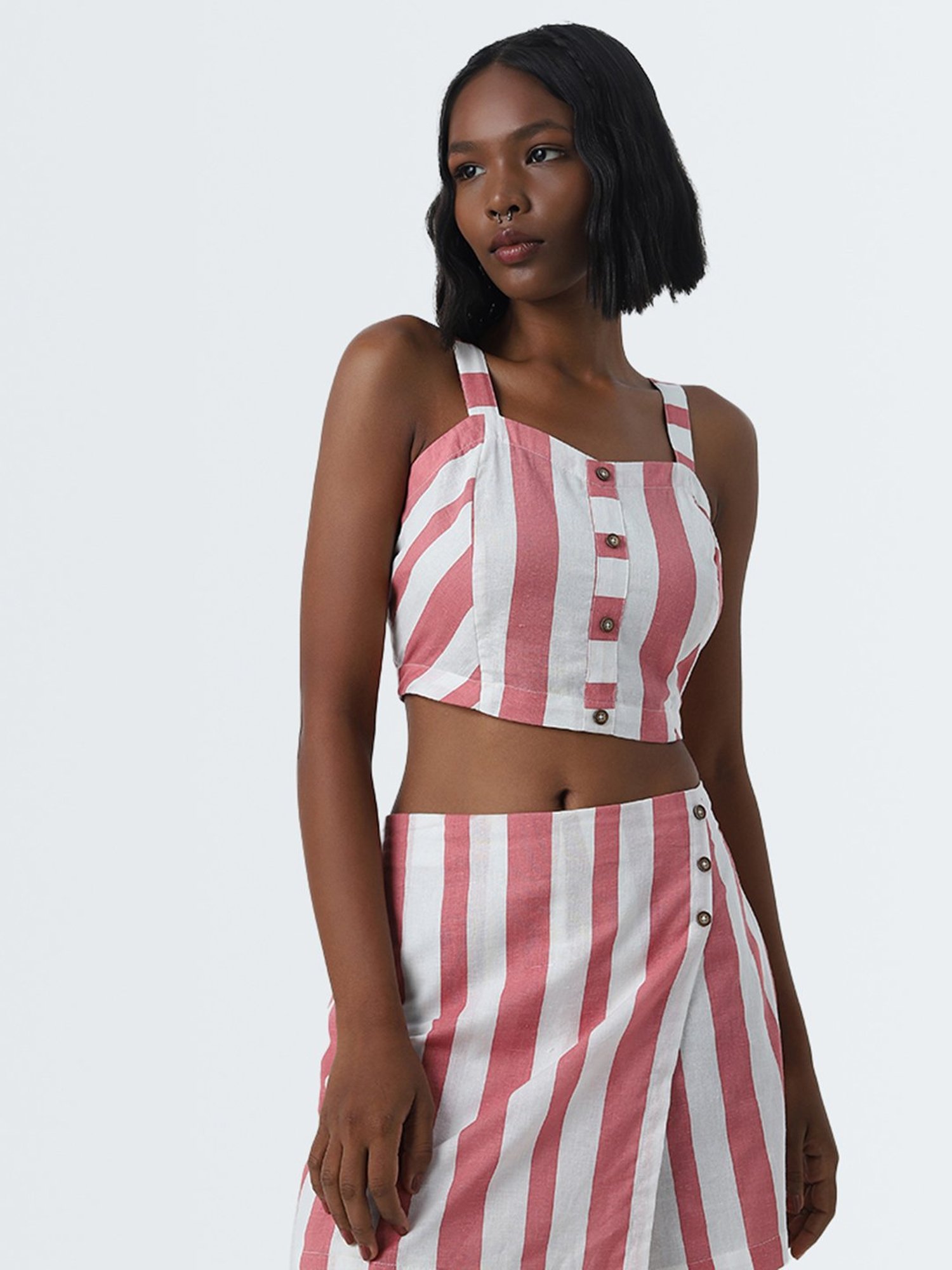 Bombay Paisley by Westside Coral Stripe Printed Cotton Crop Top