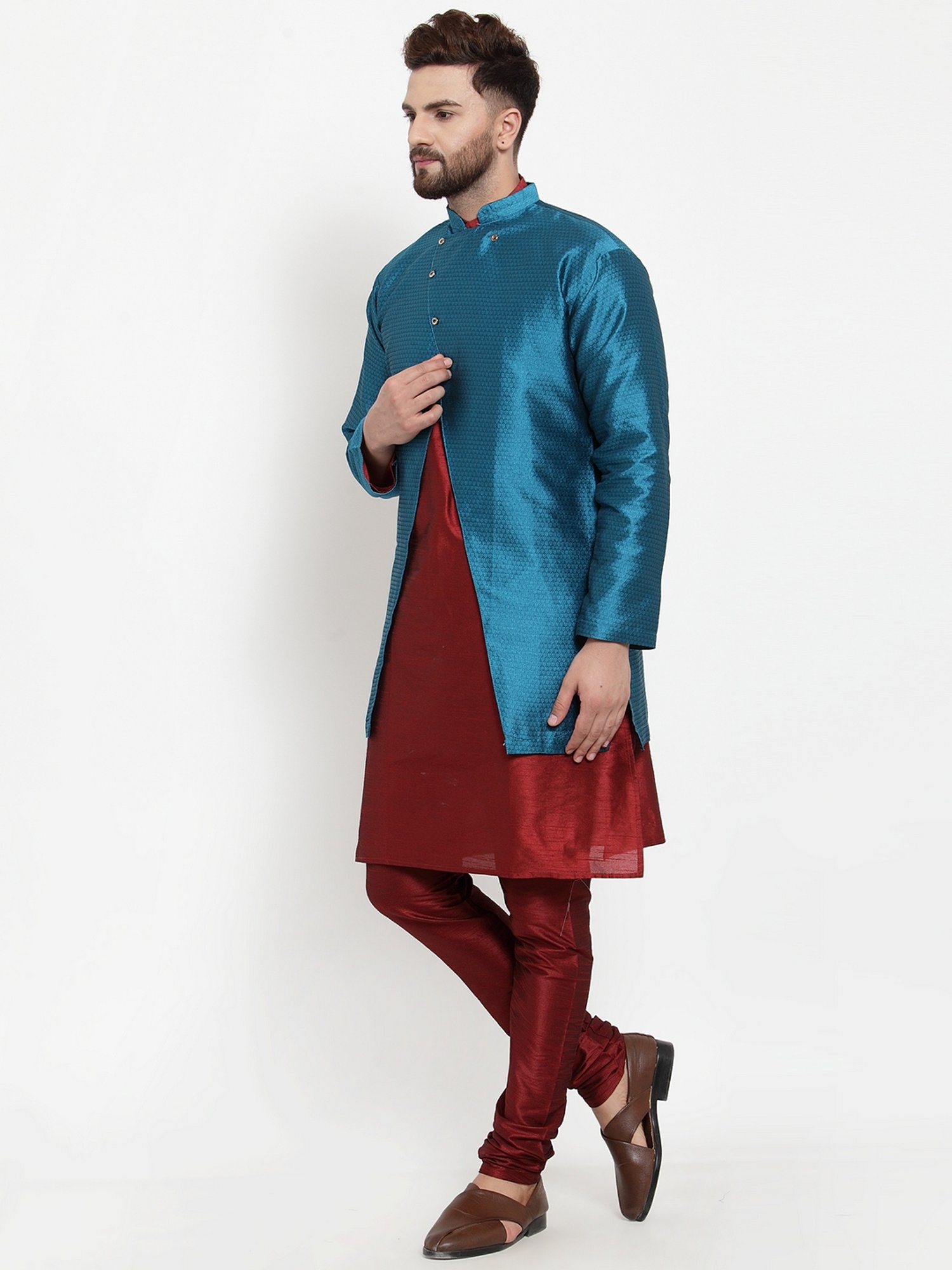Benstoke Maroon & Peacock Blue Regular Fit Self Pattern Kurta Set With Jacket