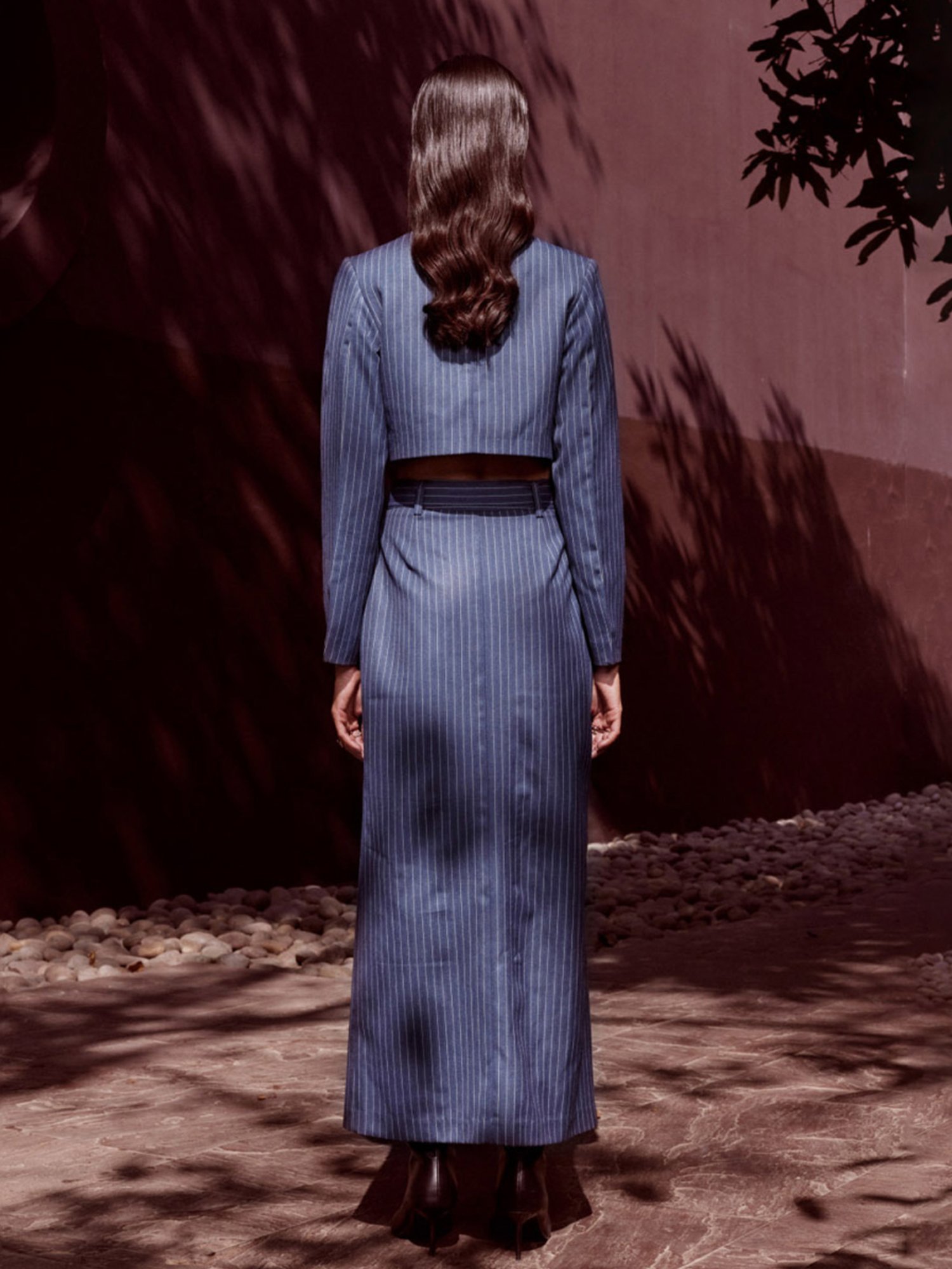 Qua Blue Quintenssence Pinstripe Cropped Blazer