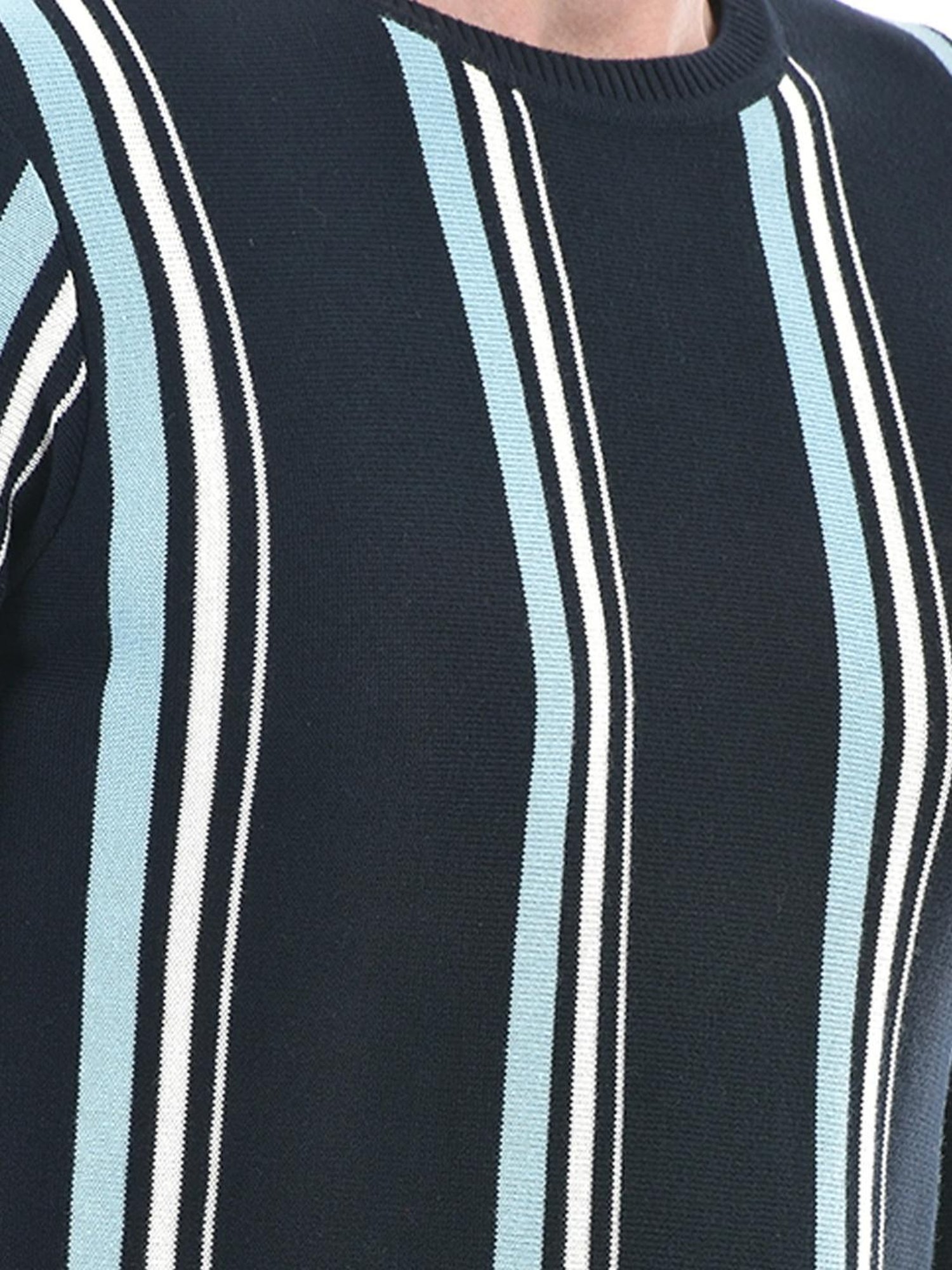 Numero Uno Navy Cotton Regular Fit Striped Sweater