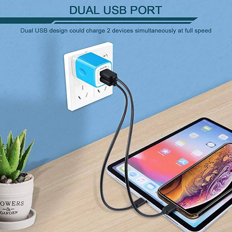 Foldable Charger Block, Dual USB Plug in Wall Charger, Travel Charger Adapter Fast Charging Box Double USB Cube Ports for Pad, Phone XS XR MAX 8 Plus, LG, Pixel, Fire, Blue, Headphone-Blue