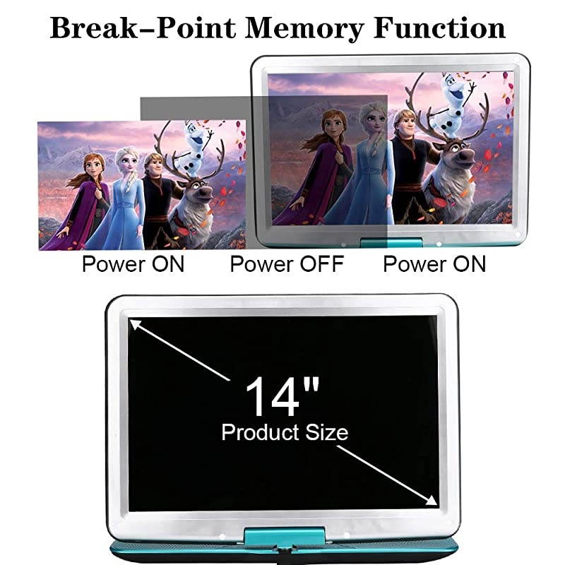 Portable DVD Player with Remote Controller, 14.1'' HD Swivel Large Screen DVD Player for car, 6 Hours Rechargeable Battery Supports SD Card, USB Port(Mint Green)