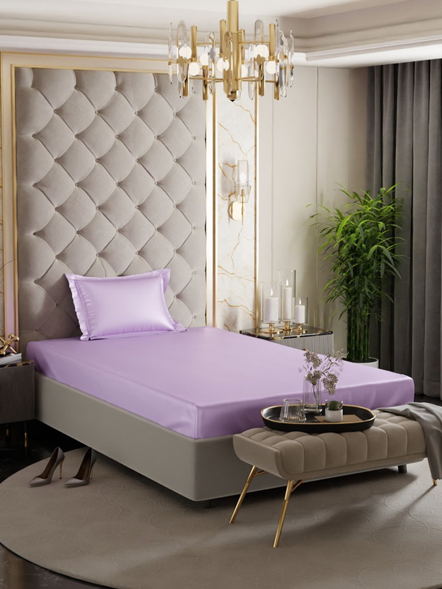 Stoa Paris Lilac Polyester 300 TC Date Night Single Fitted Bedsheet With Pillow Cover