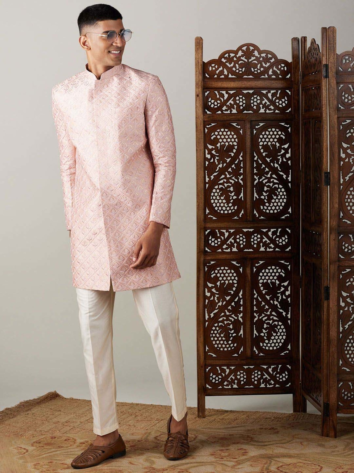 Vastramay Peach & Cream Regular Fit Embroidered Sherwani Set