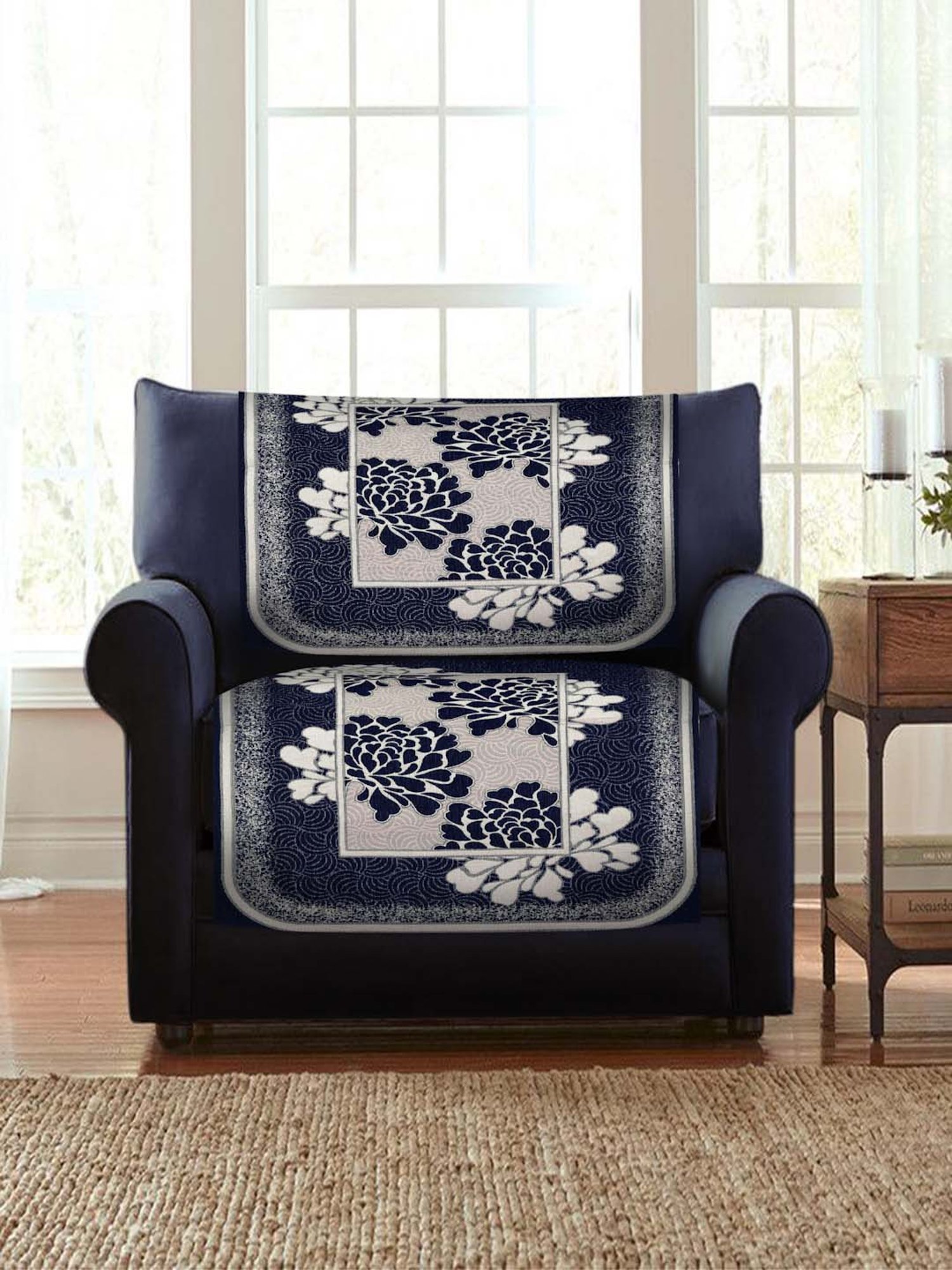 HOSTA HOMES Navy & Beige Velvet 5-Seater Sofa Cover - Set of 10