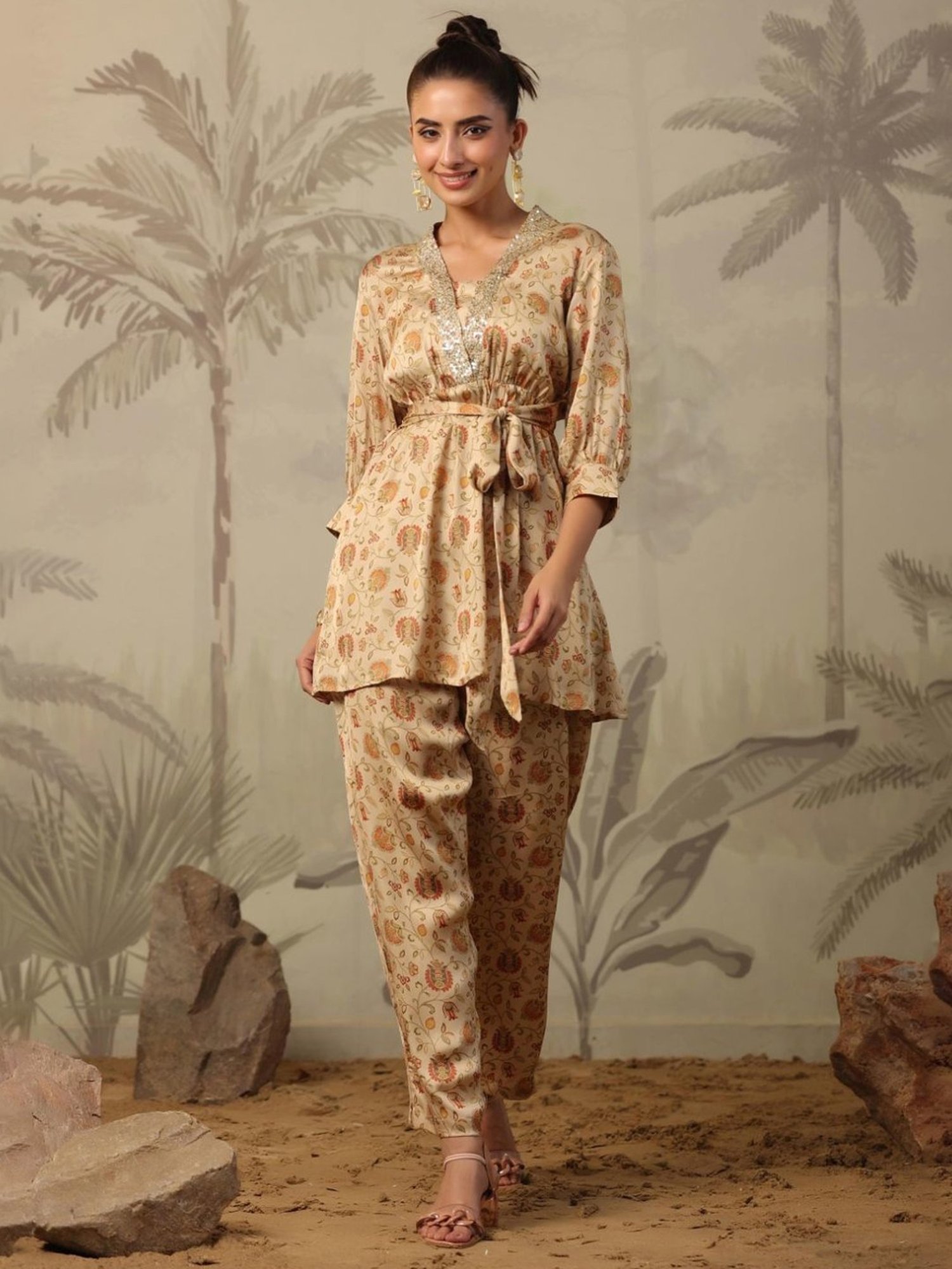 Artagai Beige Co-Ord Set with Notch Collar Kurta and Straight Pants