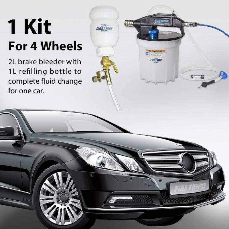 FIRSTINFO Upgraded 2 Liter Air Vacuum Brake Fluid Bleeder Pump Extractor w/ Refilling Bottle Kit Includes 4.9 ft Long Silicon Bleeding Hose w/Non-Return Check Valve + Oil Stopper Valve