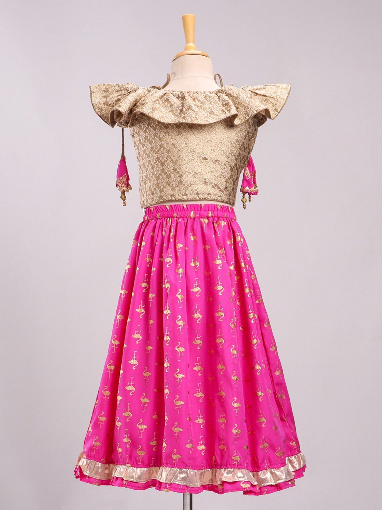 TWISHA Kids Beige & Pink Self Design Top with Ghagra