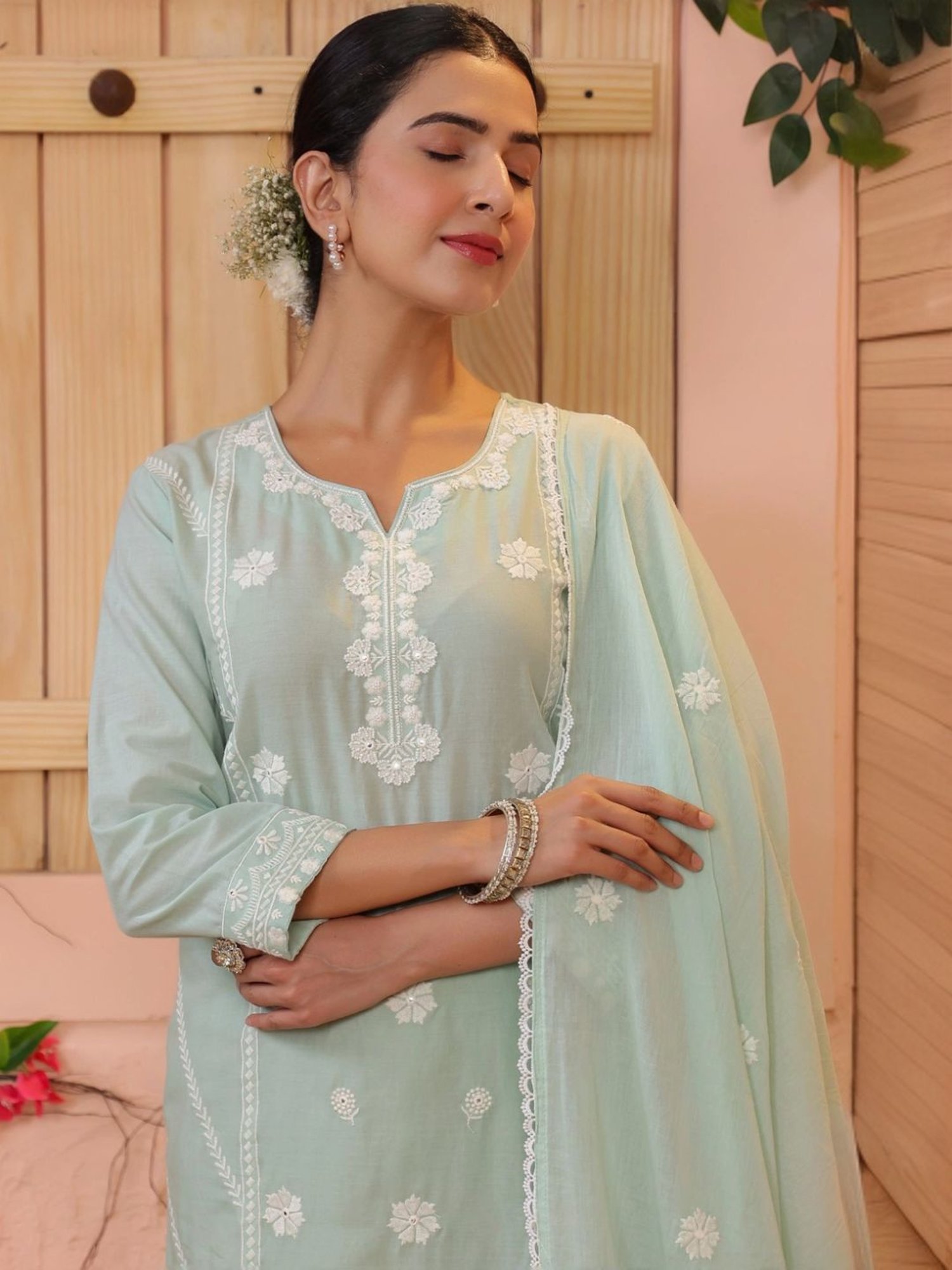 Scakhi Pista Green Cottom Embroidered and Beadwork Kurta and Pant With Dupatta