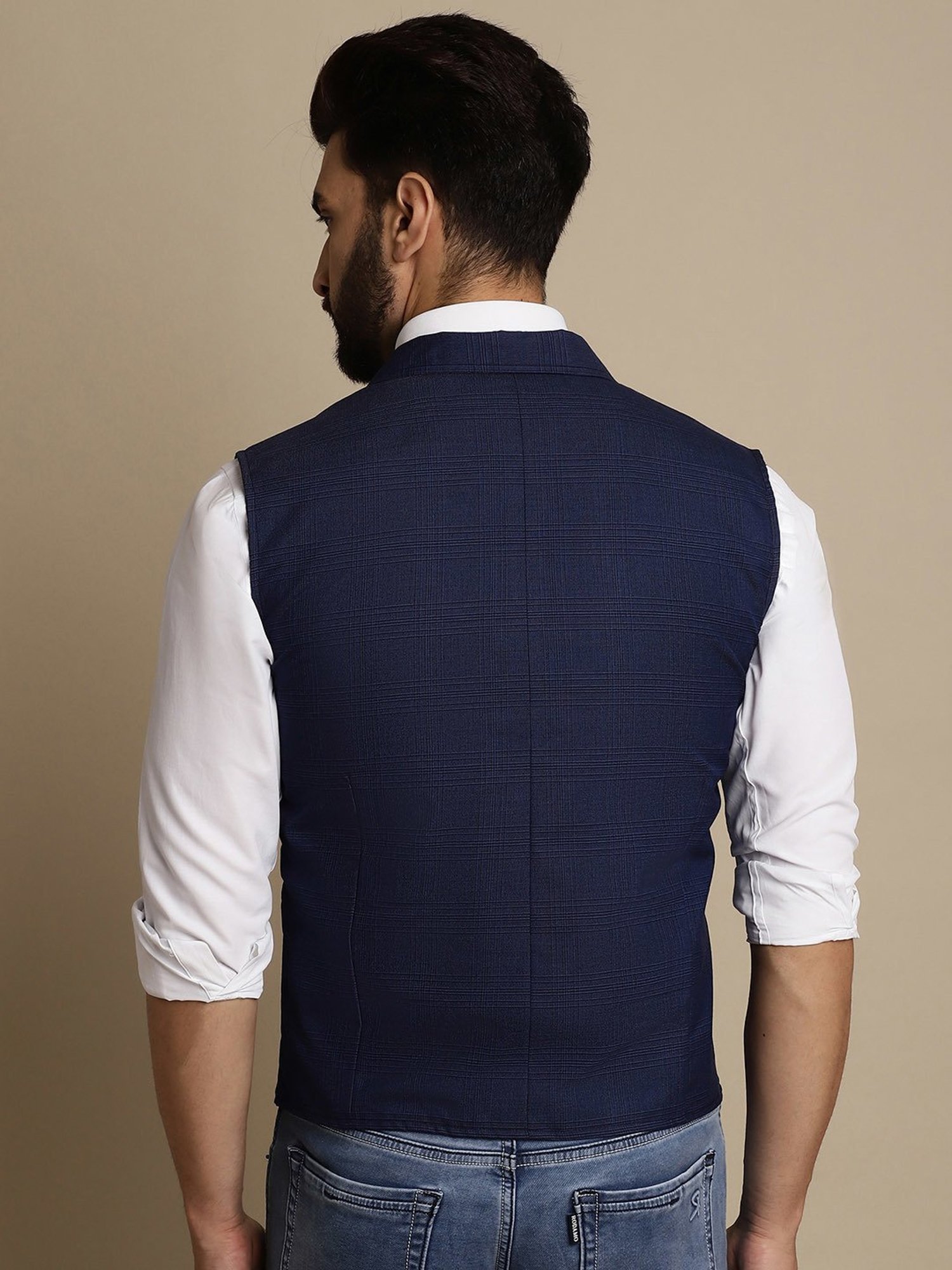 Even Blue Regular Fit Notch Lapel Check Waistcoat