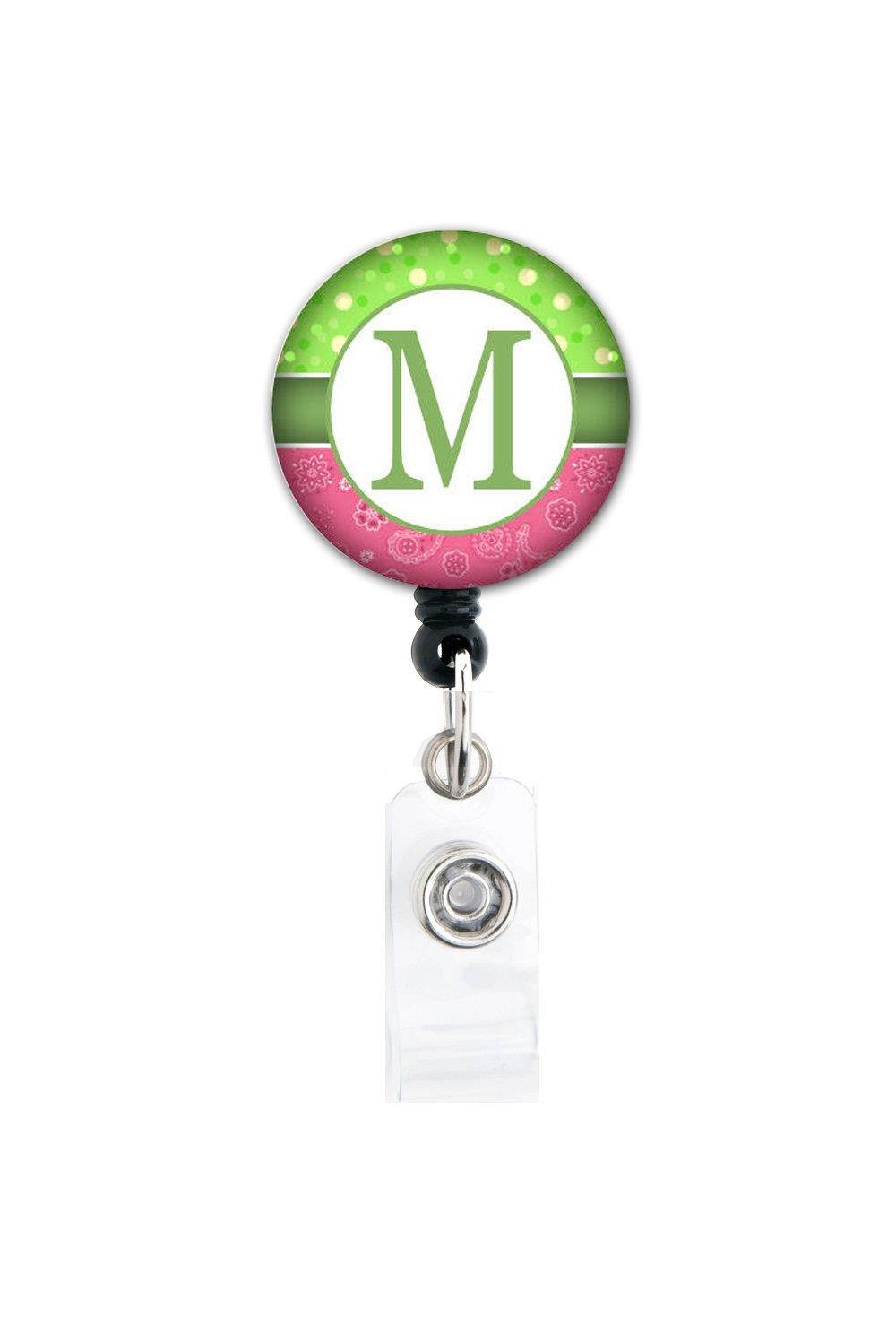M Initial Pink Green Bandana - Retractable Badge Reel With Swivel Clip and Extra-Long 34 inch cord - Badge Holder