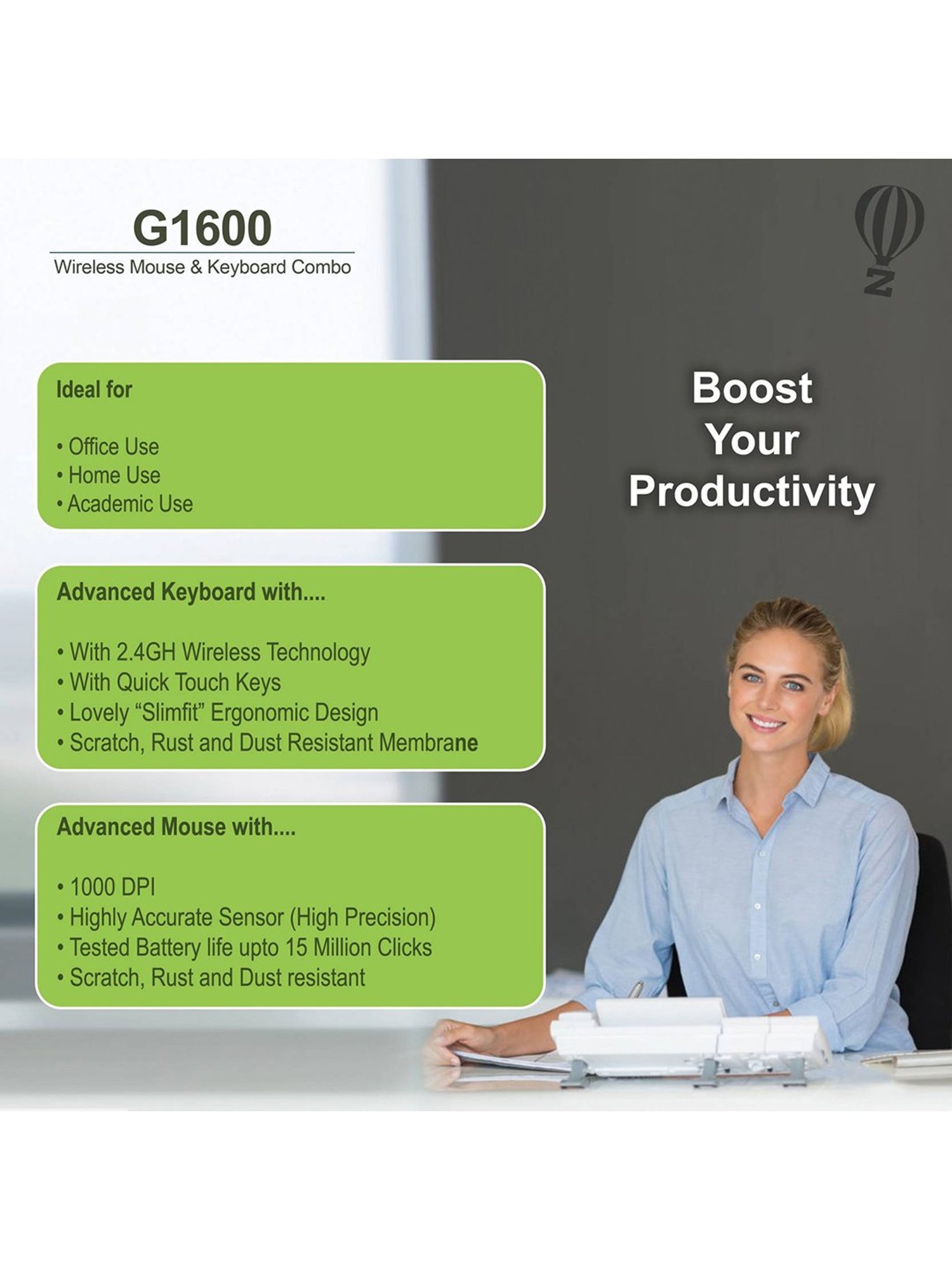 Zebion Slimfit G1600 Wireless Keyboard & Mouse Combo (White)