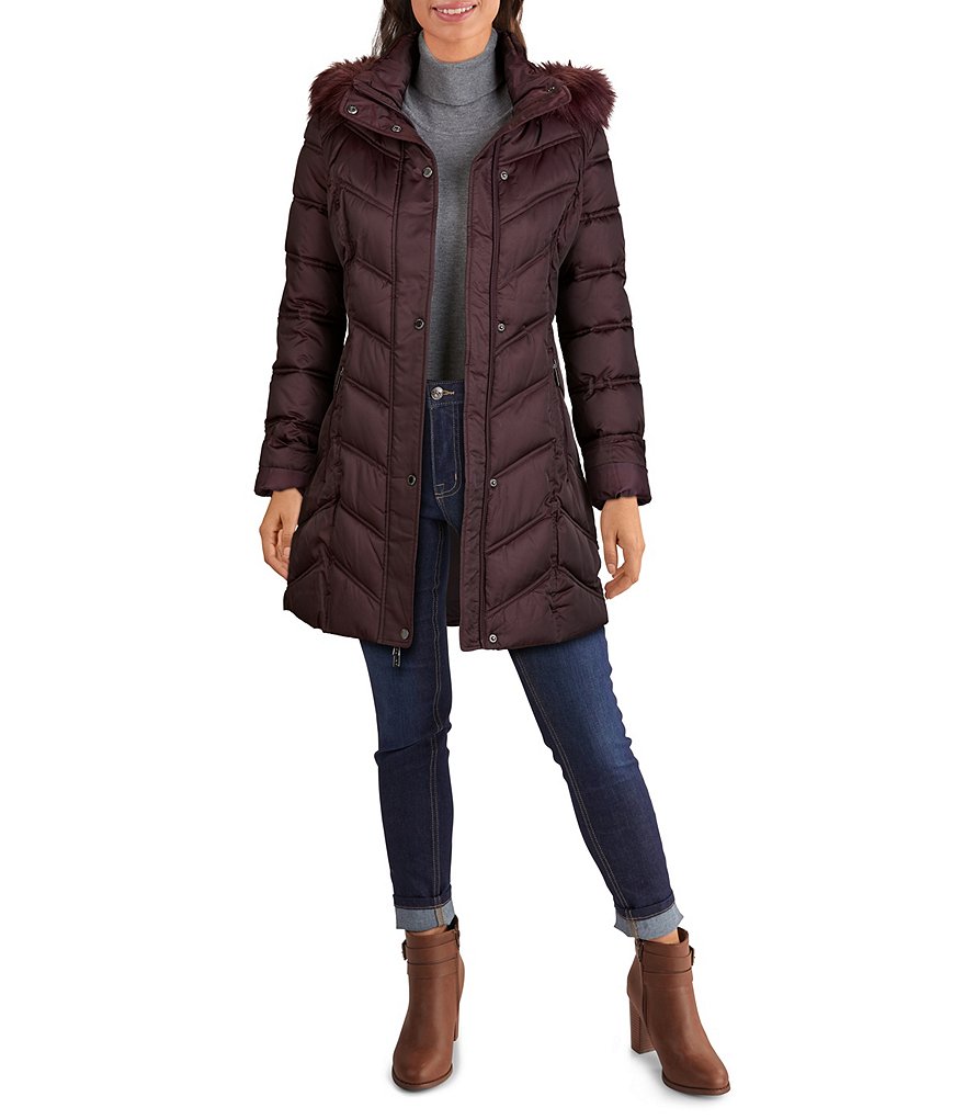 Kenneth Cole New York Faux Fur Trim Hooded Stand Collar Neck Long Sleeve Chevron Quilted Puffer Coat