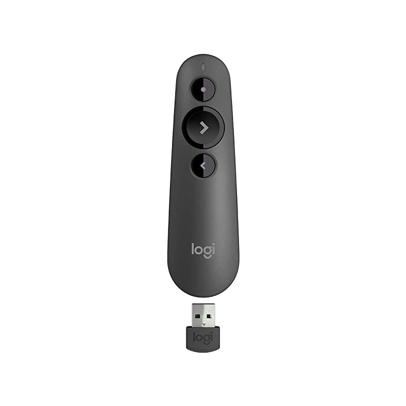 R500 Laser Presentation Remote Clicker with Dual Connectivity Bluetooth or USB for Powerpoint Keynote Google Slides Wireless Presenter Black