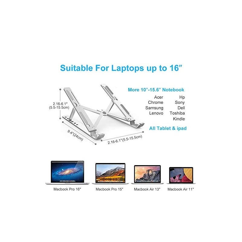 Stand,Holder Riser Portable Adjustable Computer Tablet Stand,Multi-Angle Adjustable Foldable Aluminum Desktop Holder Mount Compatible with MacBook,iPad, HP, Dell, Lenovo 10-15.6&rdquo; Silver