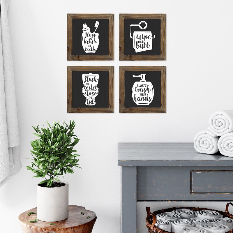 Stratton Home Decor Floss, Flush, Wipe, Wash Set of 4 Cute Rustic Farmhouse Decoration Sign Decorative Bathroom Wall Art, Black and White