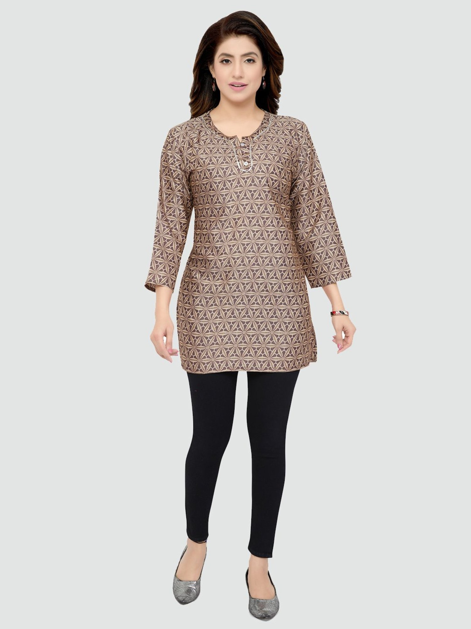 Saree Swarg Beige & Grey Printed Straight Kurti