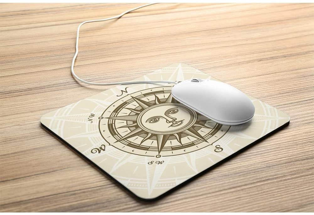 Wozukia Compass Mouse Pad Sun Face Ancient Travel Nautical East West South North Rose Vintage Personalized Design Non-Slip Rubber Mouse Pad Rectangle Mouse Mat 9.5x7.9 Inch