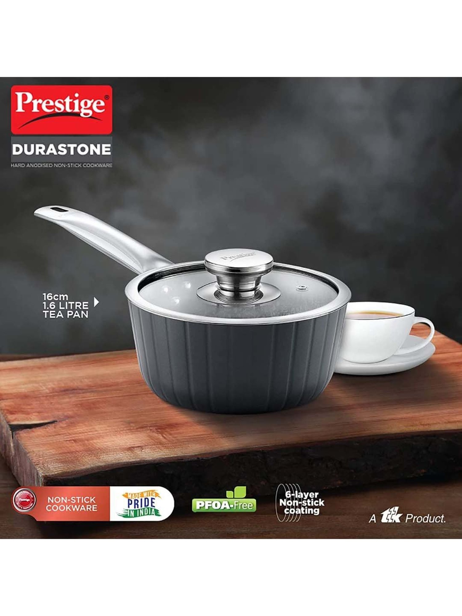 Prestige Black Hard Anodised 16 cm Non-Stick 6-Layer Sauce Pan With Lid (1.6 L)