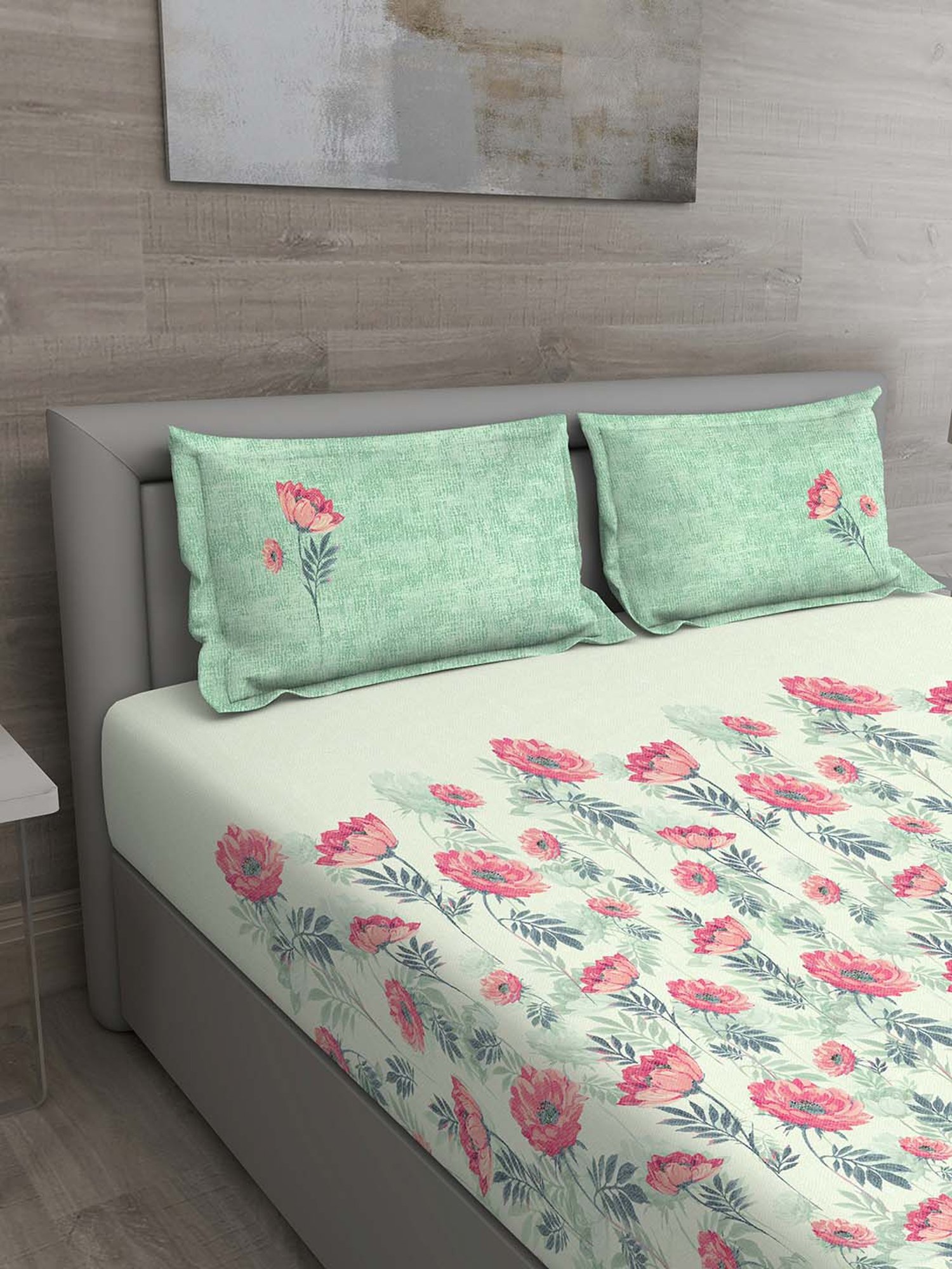 GM Light Green & Pink 100% Cotton 144 TC Queen Bedsheet Set