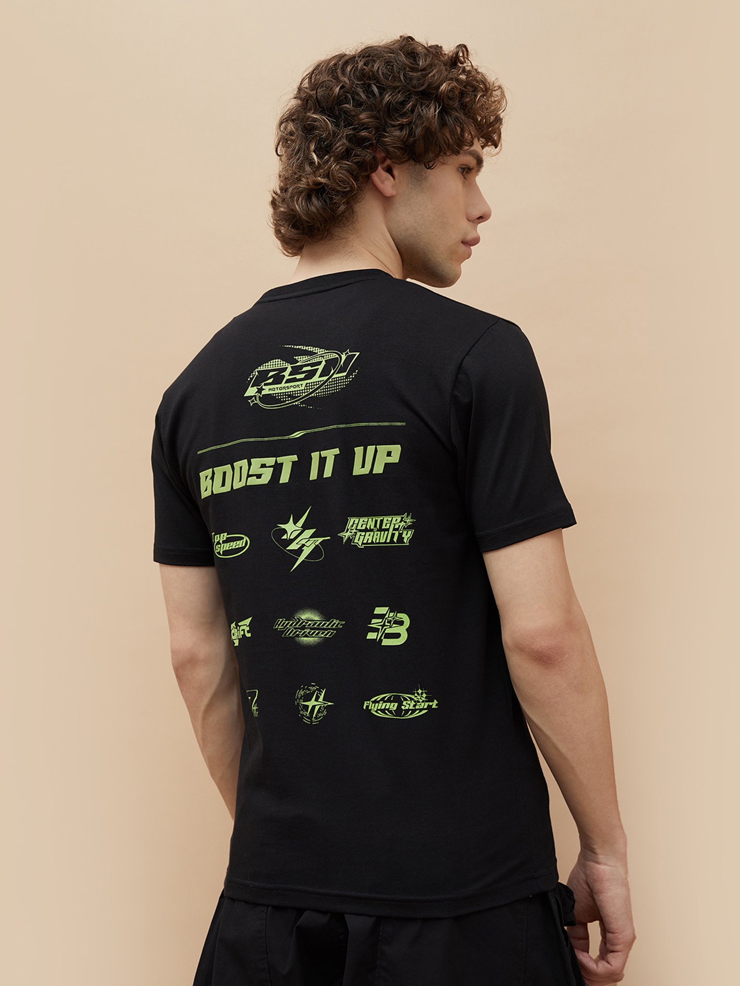 BOSSINI Black Regular Fit Printed Crew T-Shirt