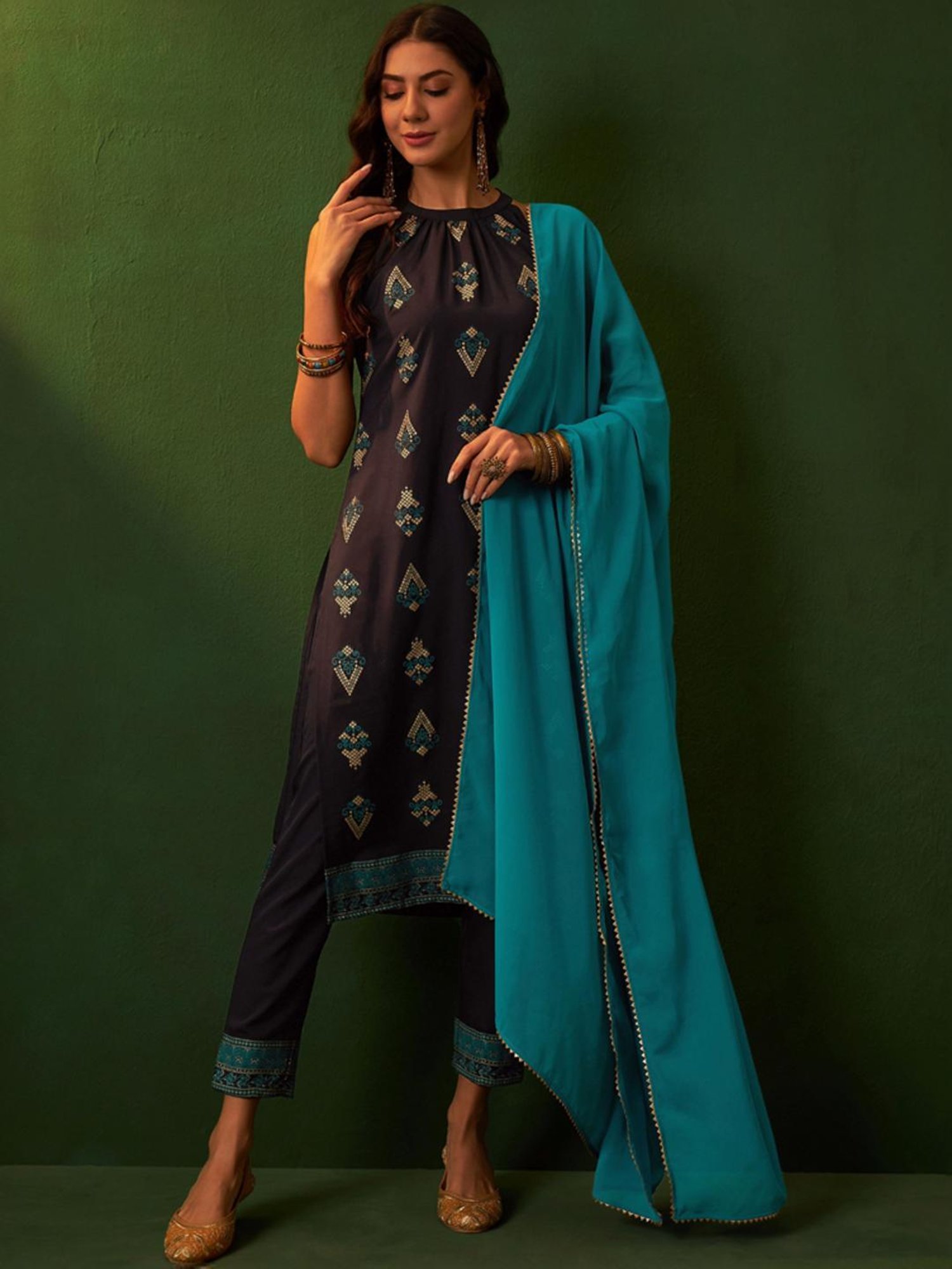 Ziyaa Blue Printed Kurta Pant Set With Dupatta