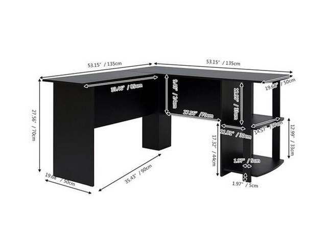 L-Shaped Wood Computer table Game Table Desk Right-angle Computer Desk with Two-layer Bookshelves,Brown,GT12