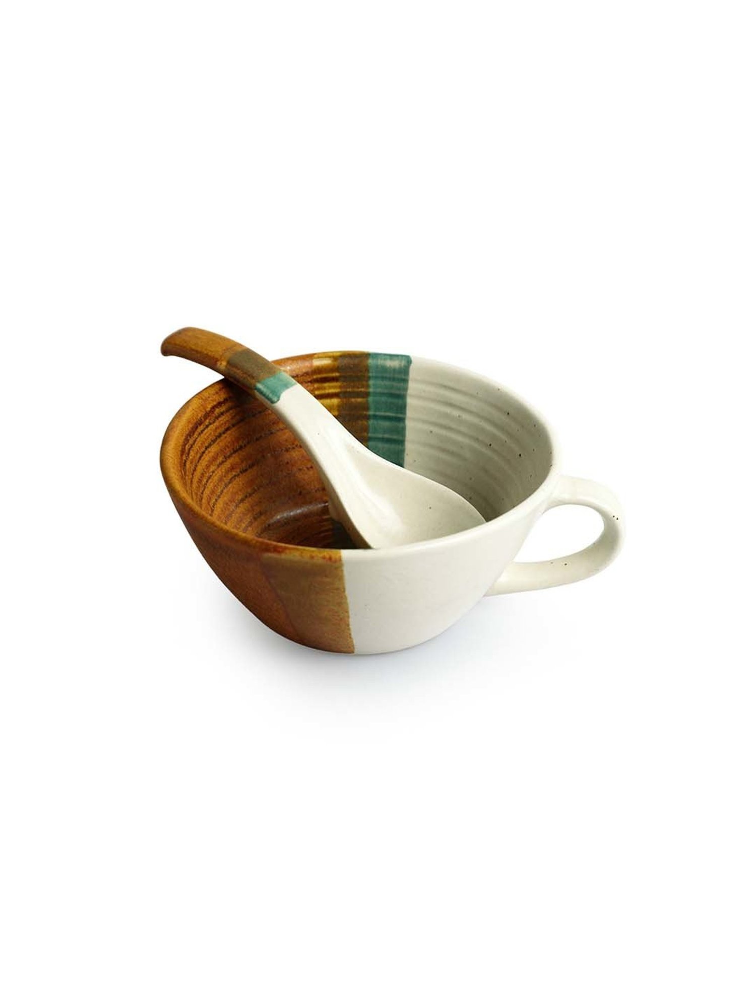 ExclusiveLane Zen Garden Brown & Green Ceramic Hand Glazed Soup Bowl With Spoon (0.22 L) - Set of 2