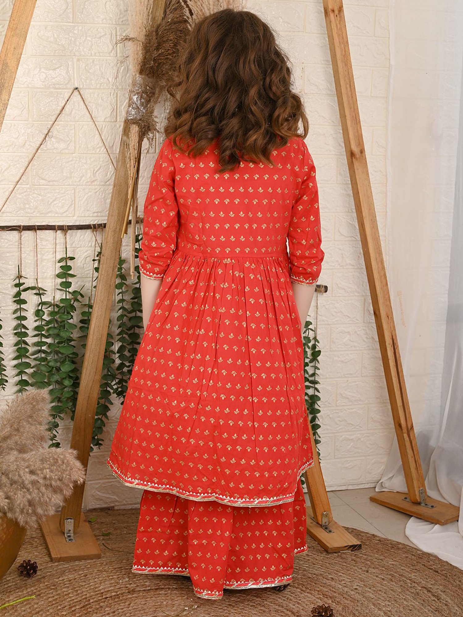 LilPicks Kids Red Printed Kurta with Sharara