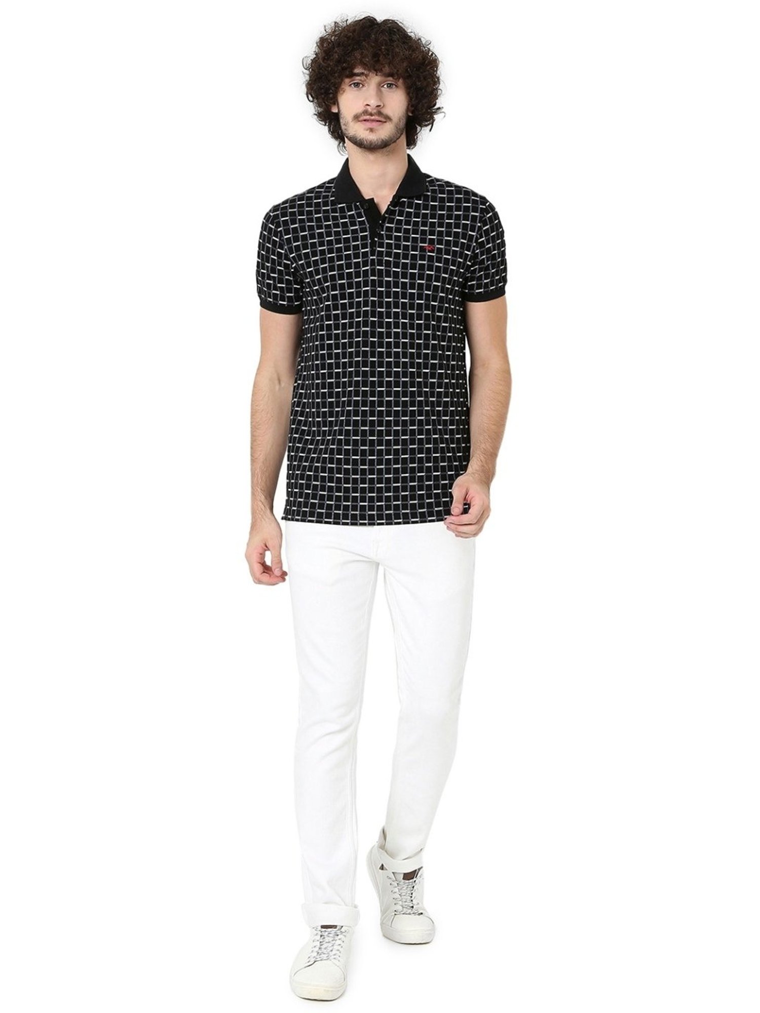 Mufti Black Cotton Slim Fit Checks Polo T-Shirt