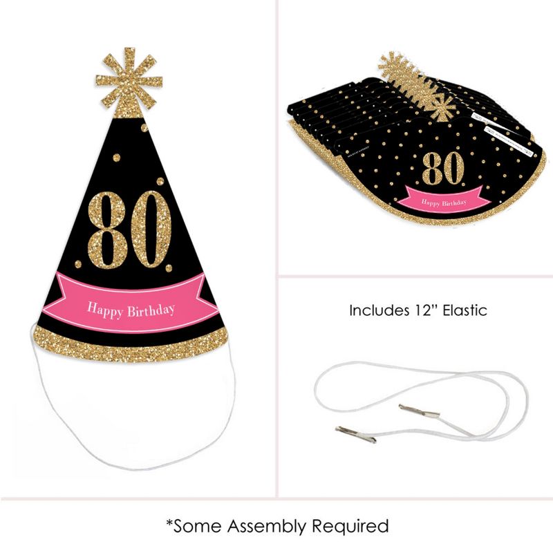 Big Dot of Happiness Chic 80th Birthday - Pink, Black and Gold - Cone Happy Birthday Party Hats for Kids and Adults - Set of 8 (Standard Size)