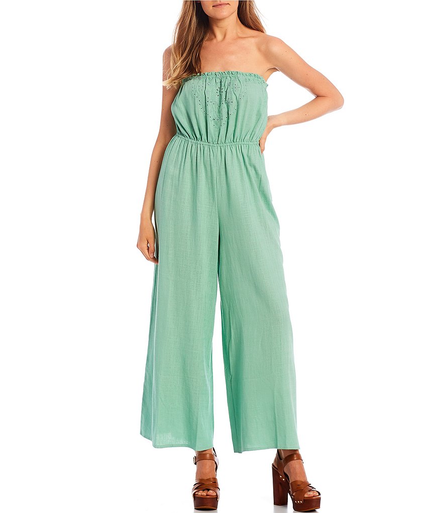 Angie Striped Strapless Smocked Bodice Ruffled Hem Jumpsuit