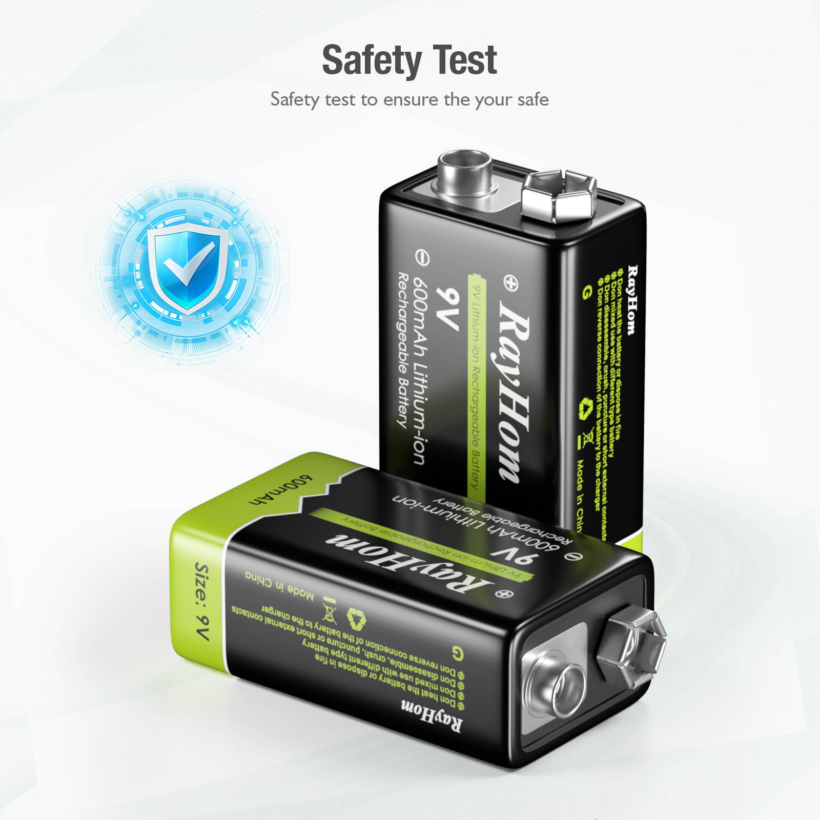 RayHom 9 Volt Rechargeable Batteries Lithium ion 9V 600mAh Li-ion Batteries (4-Pack)