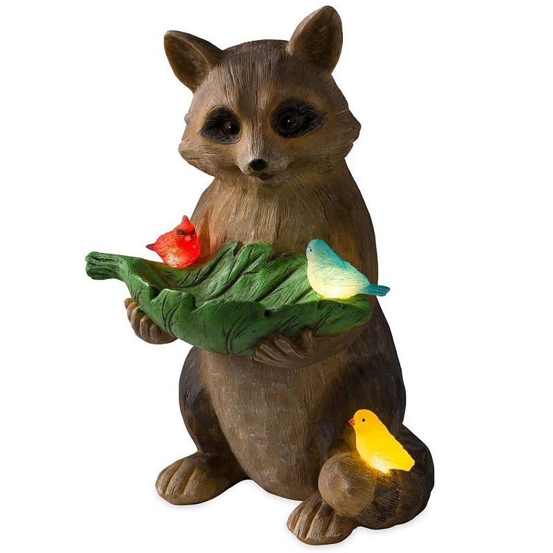 Wind & Weather Raccoon With Leaf Bird Feeder with Solar Lighted Birds