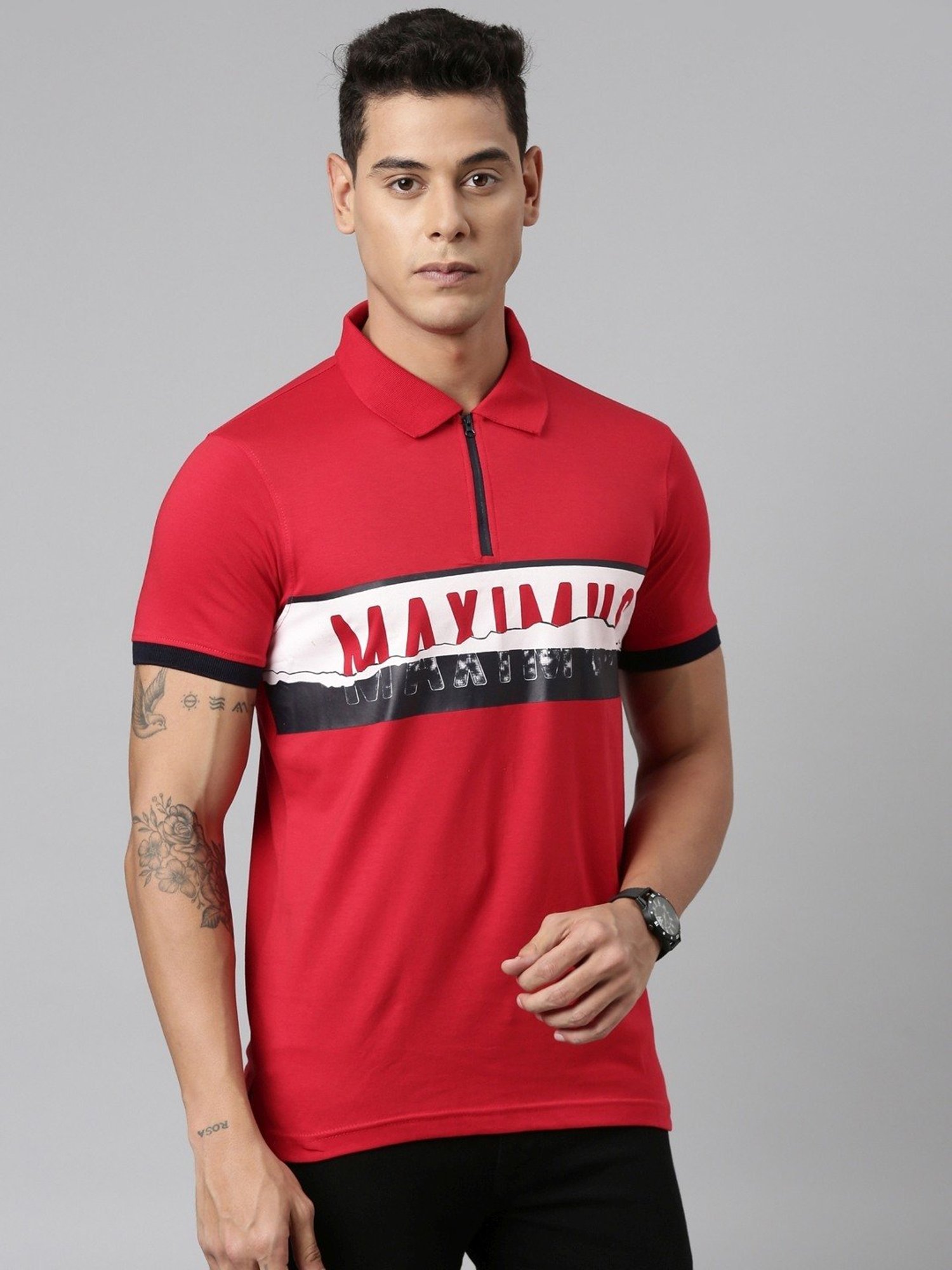 Dixcy Scott Maximus Red Cotton Regular Fit Printed Polo T-Shirt